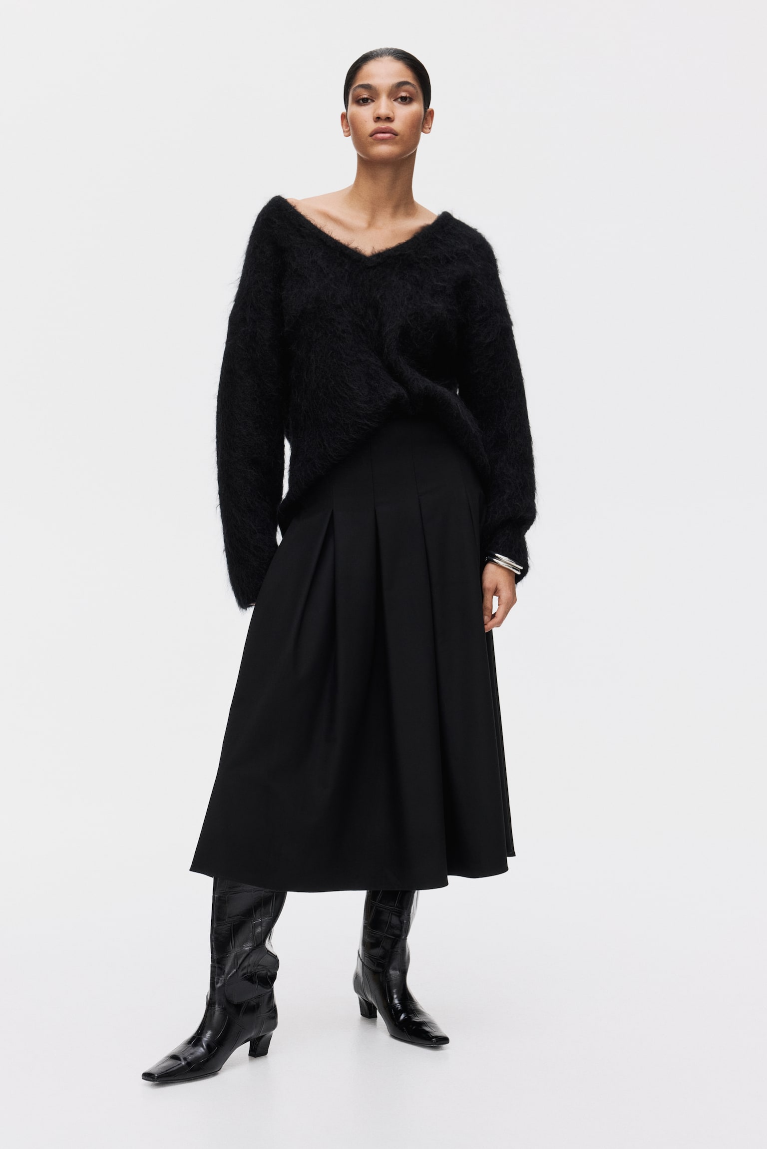 Pleated midi skirt - Black/Dark beige/Dark grey marl - 5