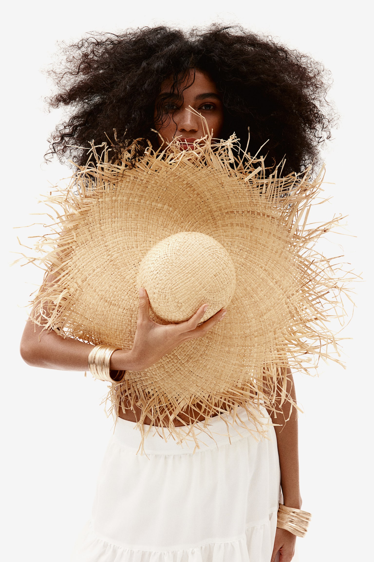 Frayed Brim Straw Hat - Beige - 1