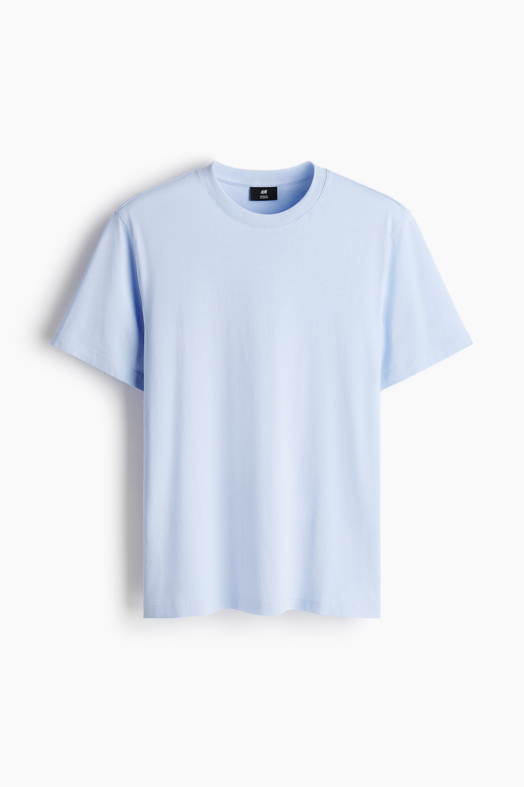 View larger image: A light blue T-shirt is displaying its FRONT, featuring a round, rib-trimmed neckline and short sleeves. It is made from lightweight cotton jersey, showing a regular fit, a straight-cut hem, and a small black brand tag on the inner back neckline.