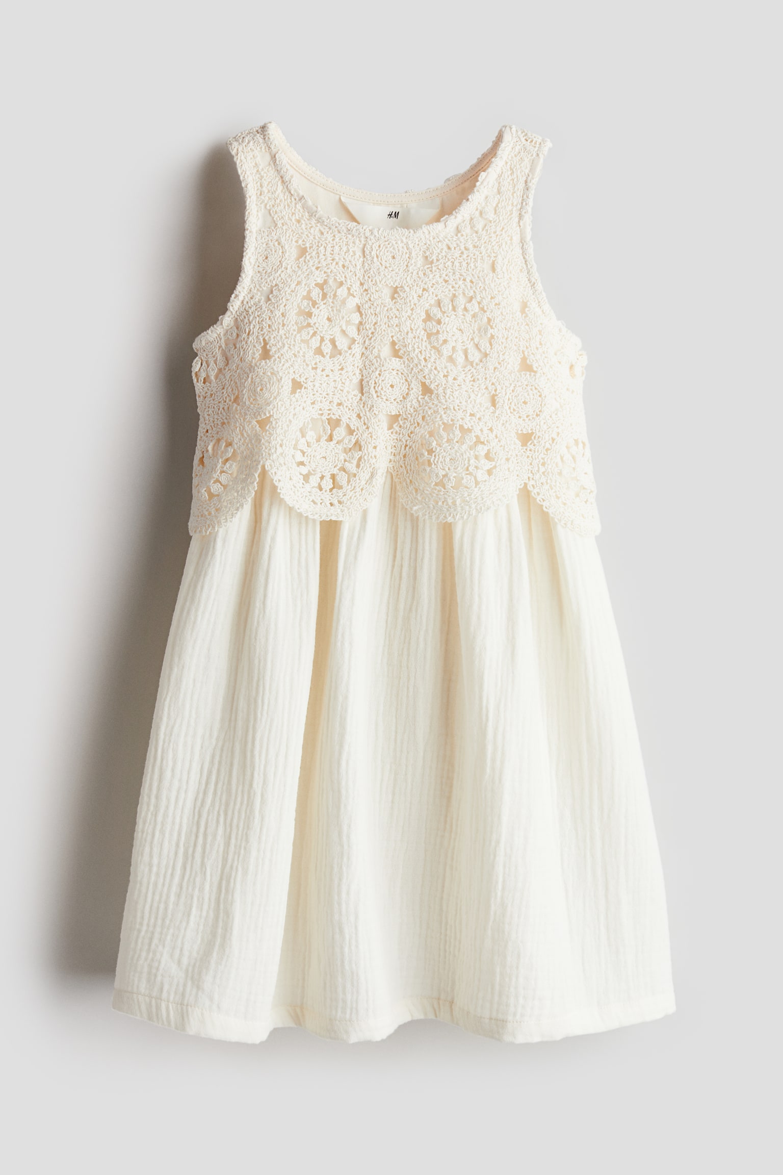 Crochet Look Muslin Dress - Cream - 1