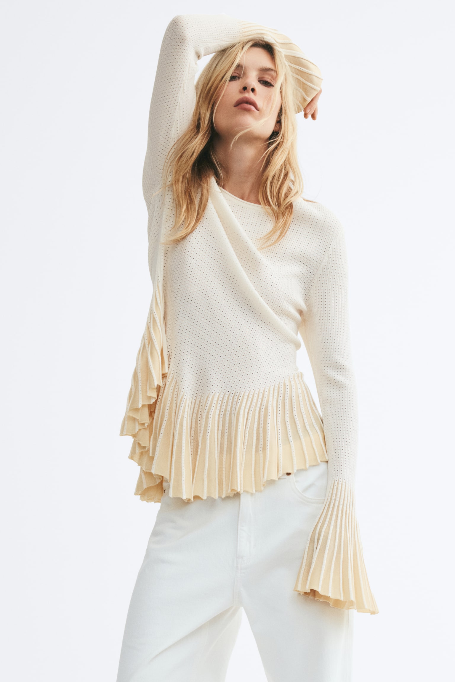 Flounced pointelle-knit top - Cream/Light beige - 1