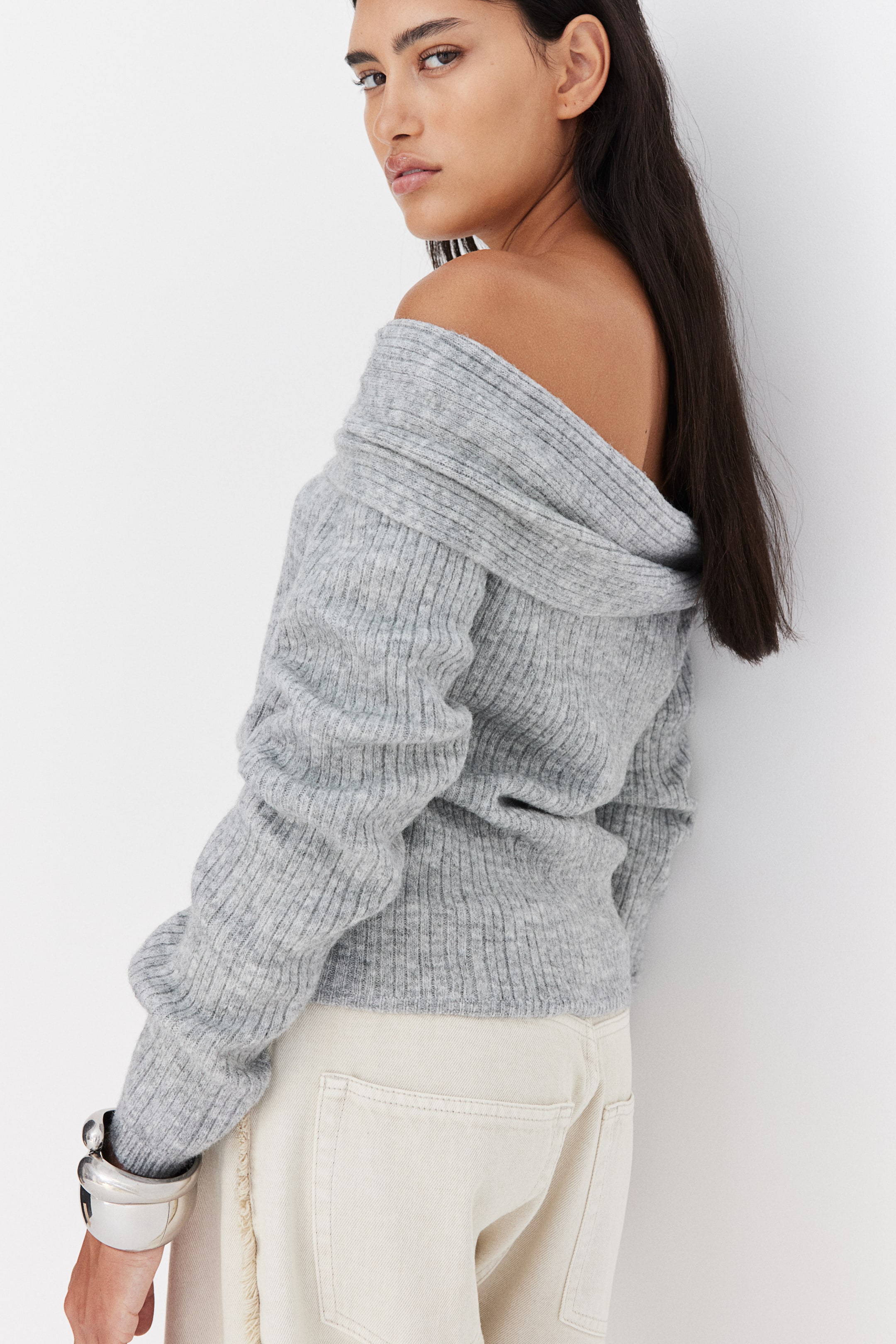 Off-the-Shoulder Sweater - Gray melange - Ladies | H&M US