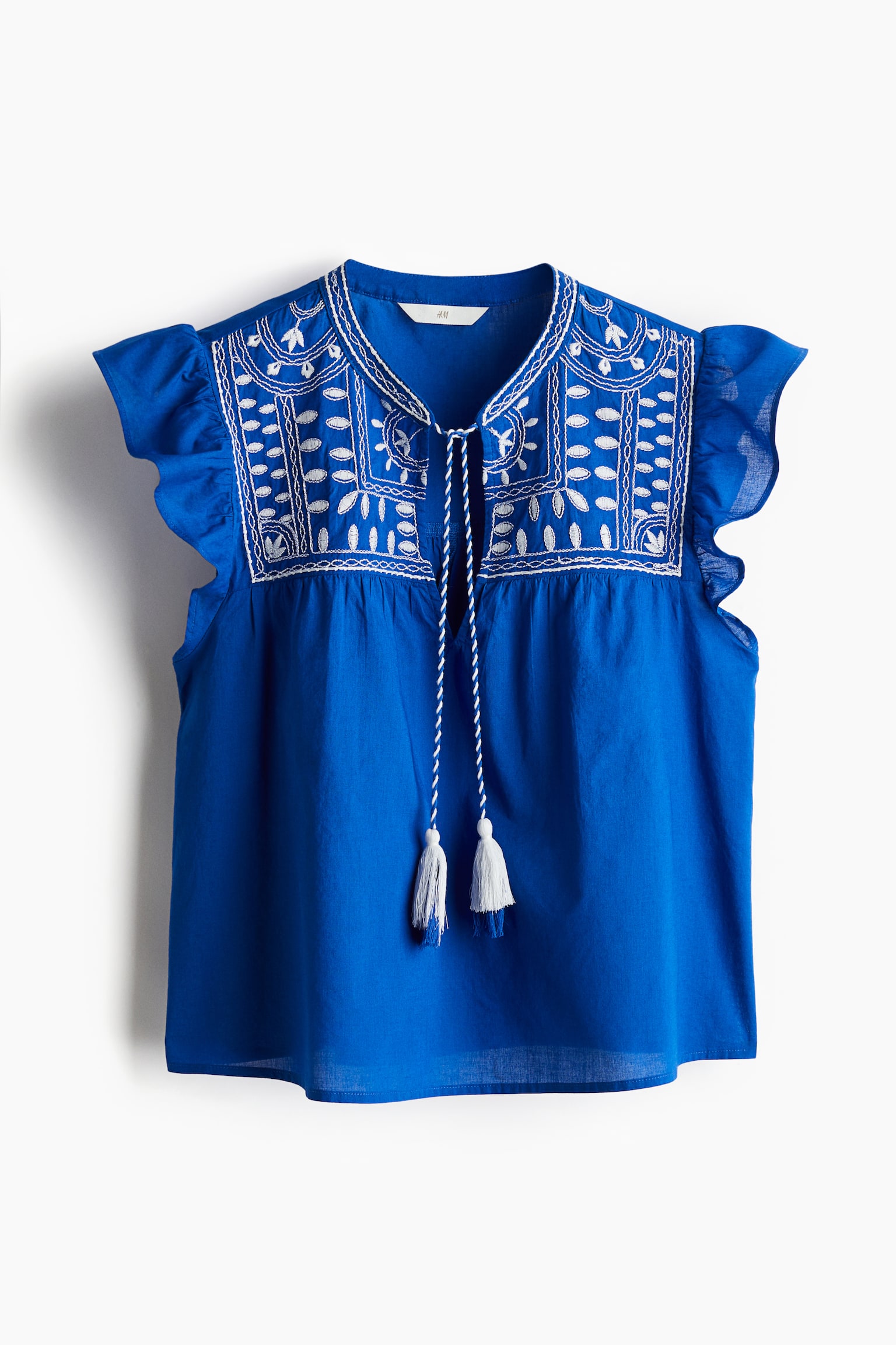 Embroidered Cotton Blouse - Blue/White/Black - 2