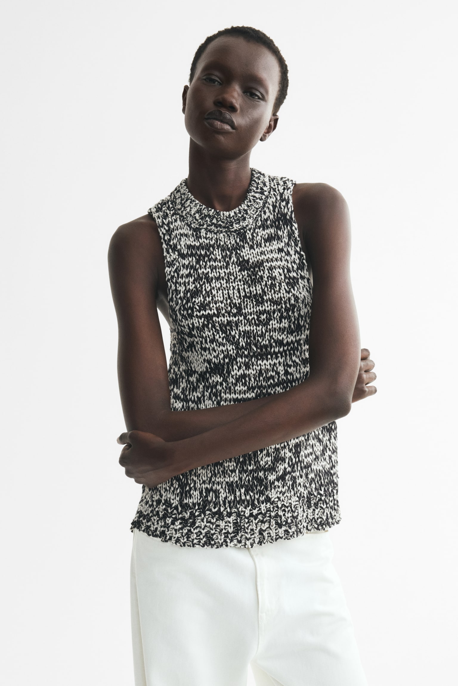 Женский топ H&M Textured-Knit Tank Top, цвет: Чёрный / Белый меланжевый — фото 3