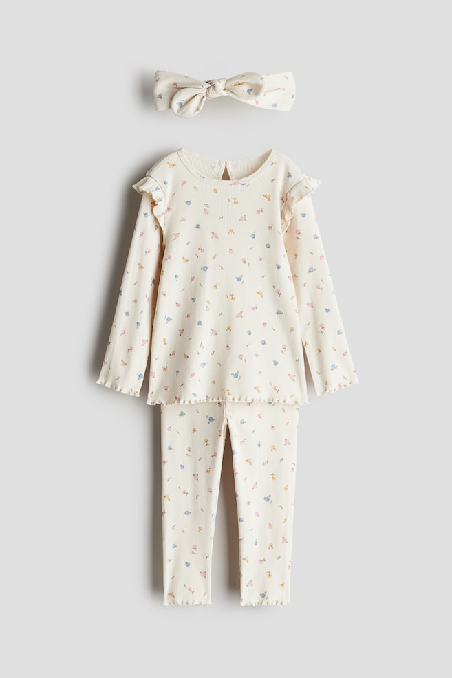 Conjunto de 3 piezas en punto de algodón - Crema/Floral - 1