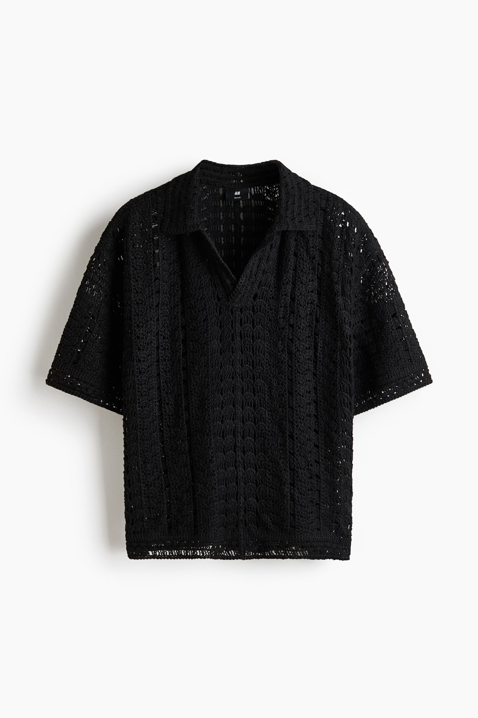 Relaxed-Fit Crochet-Look Polo Shirt - Black/Dark khaki green