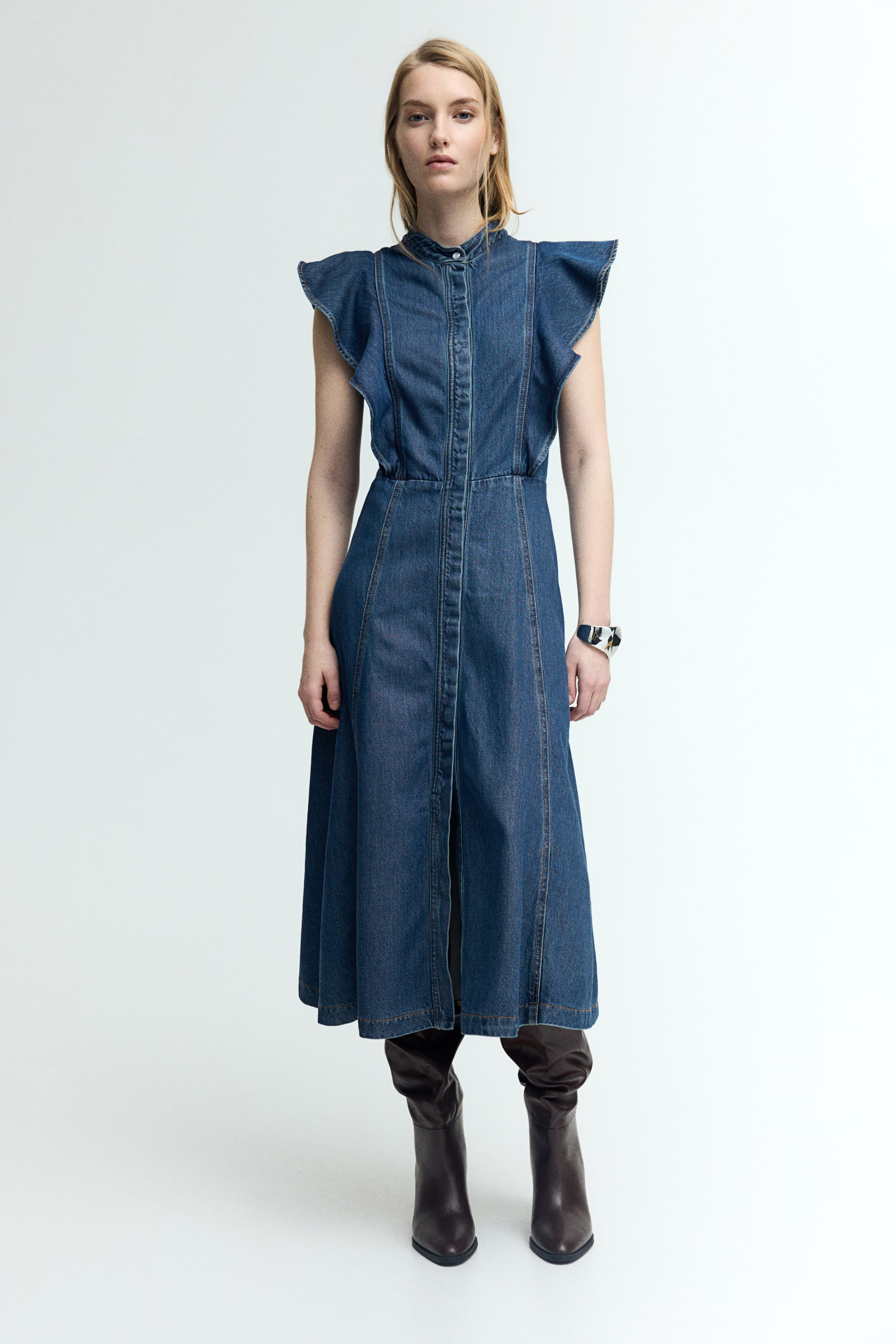 Flounce-Trimmed Denim Dress