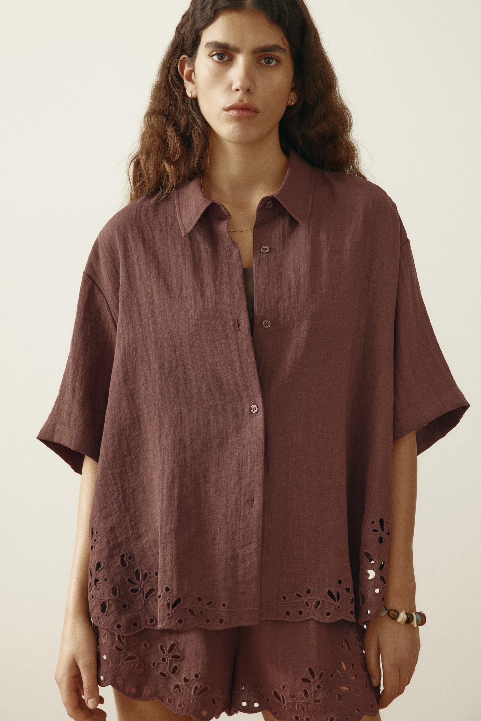 Broderie anglaise beach shirt - Dark brown/Cream - 4
