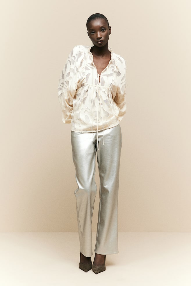 Textured-weave balloon-sleeved blouse - Cream/Black - 5