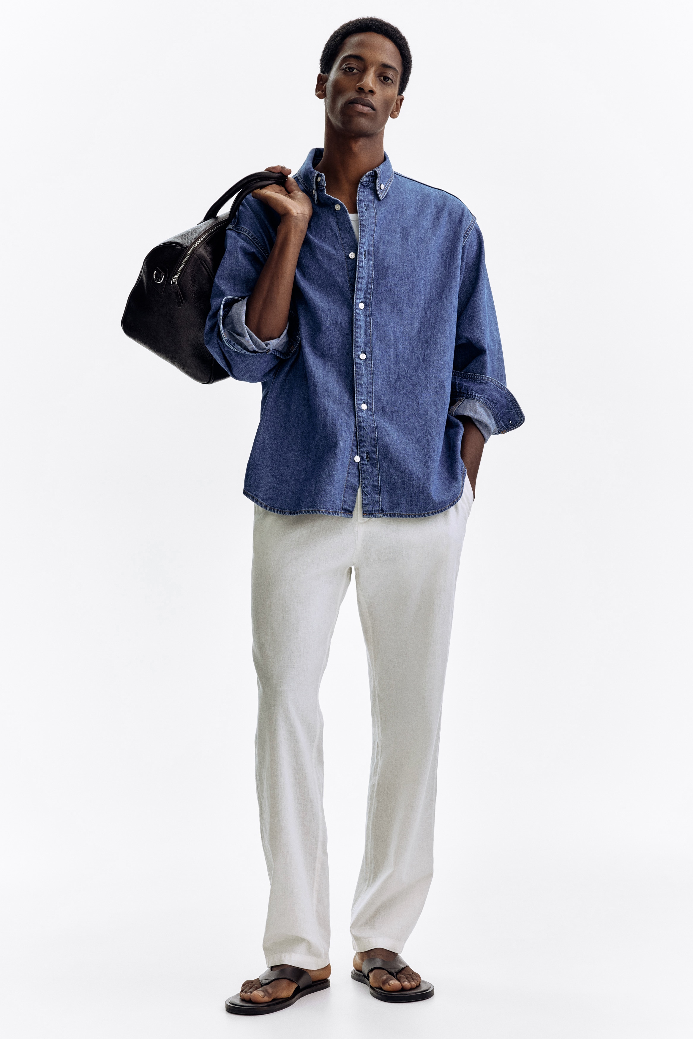 Bukser i hørblanding Regular Fit - Hvid/Sort/Creme/Mørk beige/Salviegrøn/Marineblå