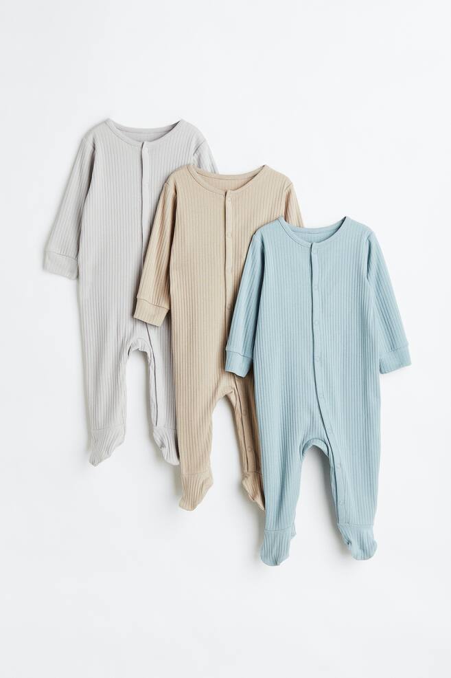 3-pack ribbed cotton pyjamas - Grey/Beige/Blue/Light pink/Natural white