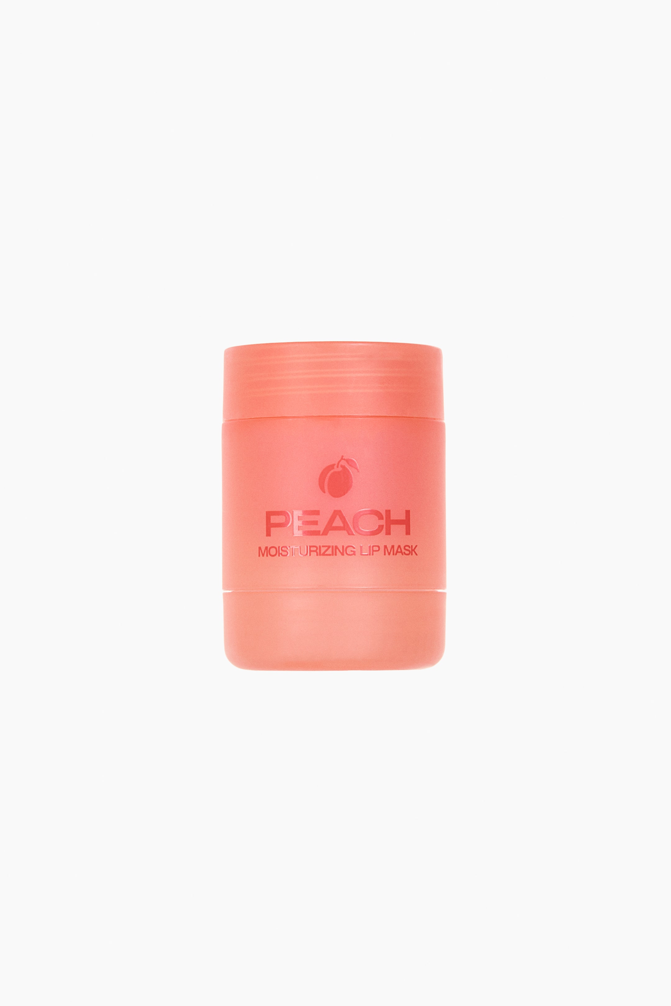 View larger image: The Twist & Treat lip mask is positioned facing forward, showcasing a compact, cylindrical container in a frosted peach hue. It features a peach icon, the word "PEACH," and "MOISTURISING LIP MASK" on its front, with a slightly darker peach lid adorned with subtle horizontal ridges.