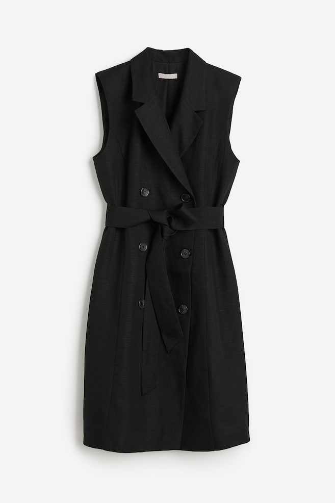 Linen-blend tie-belt dress - Black/White/Beige - 2