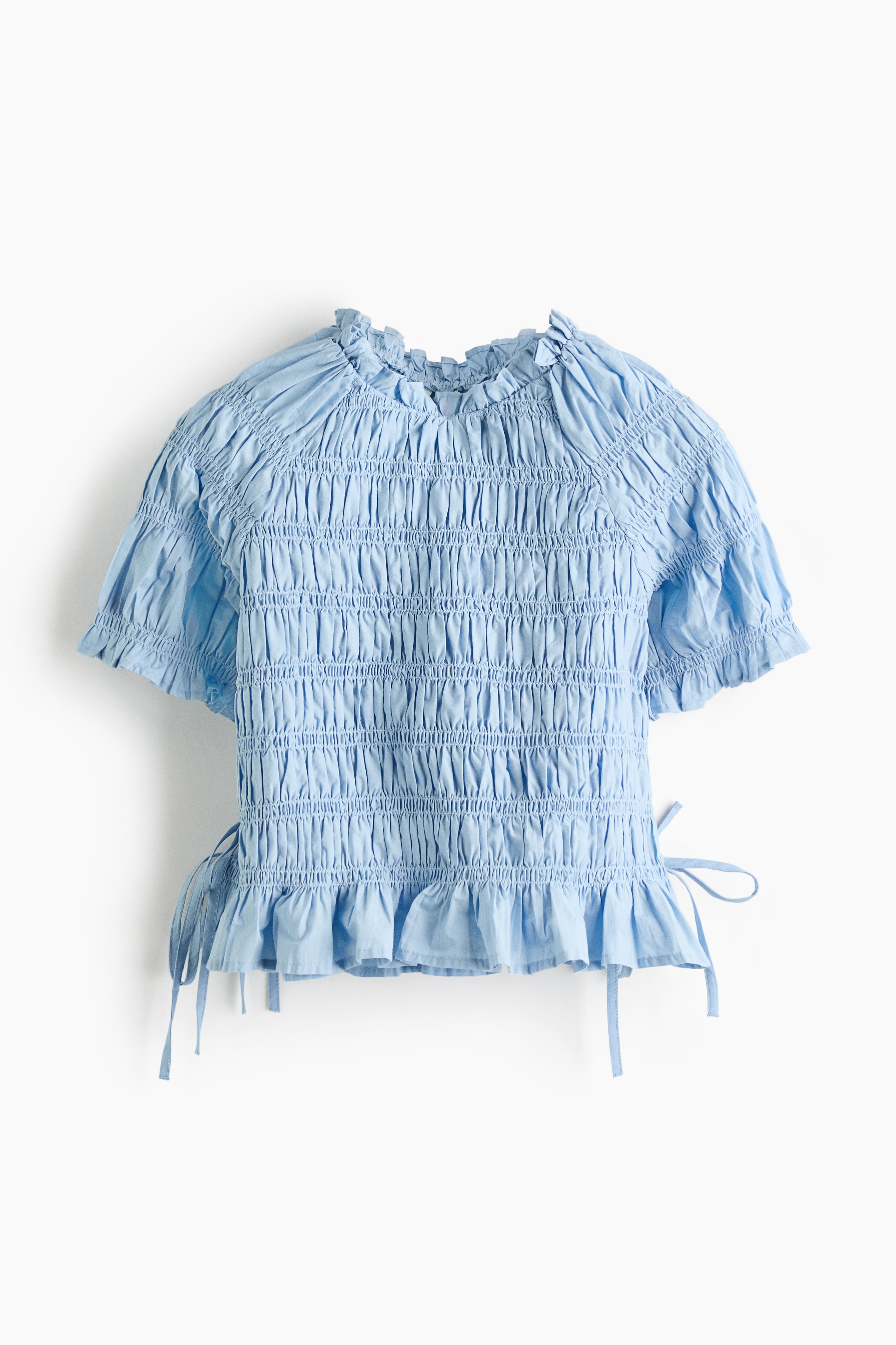 Smocked cotton blouse - Light blue/Red