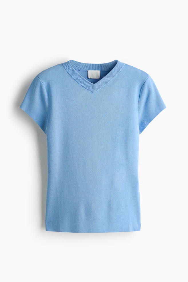Knit V-Neck T-Shirt - Light blue/Light beige/Dark brown - 1