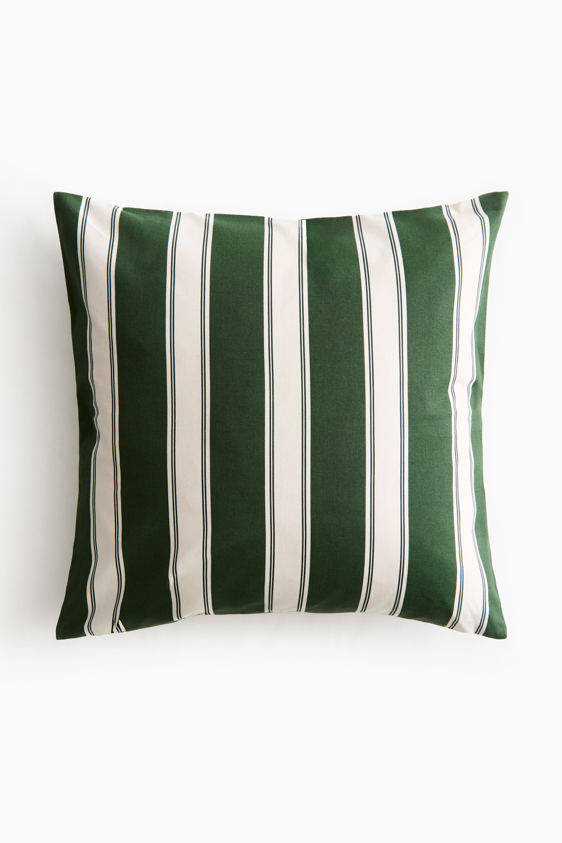 View larger image: A rectangular cushion cover in cotton canvas is shown from the front, displaying a pattern of alternating dark green and off-white vertical stripes. The off-white stripes feature two thin dark lines running parallel.