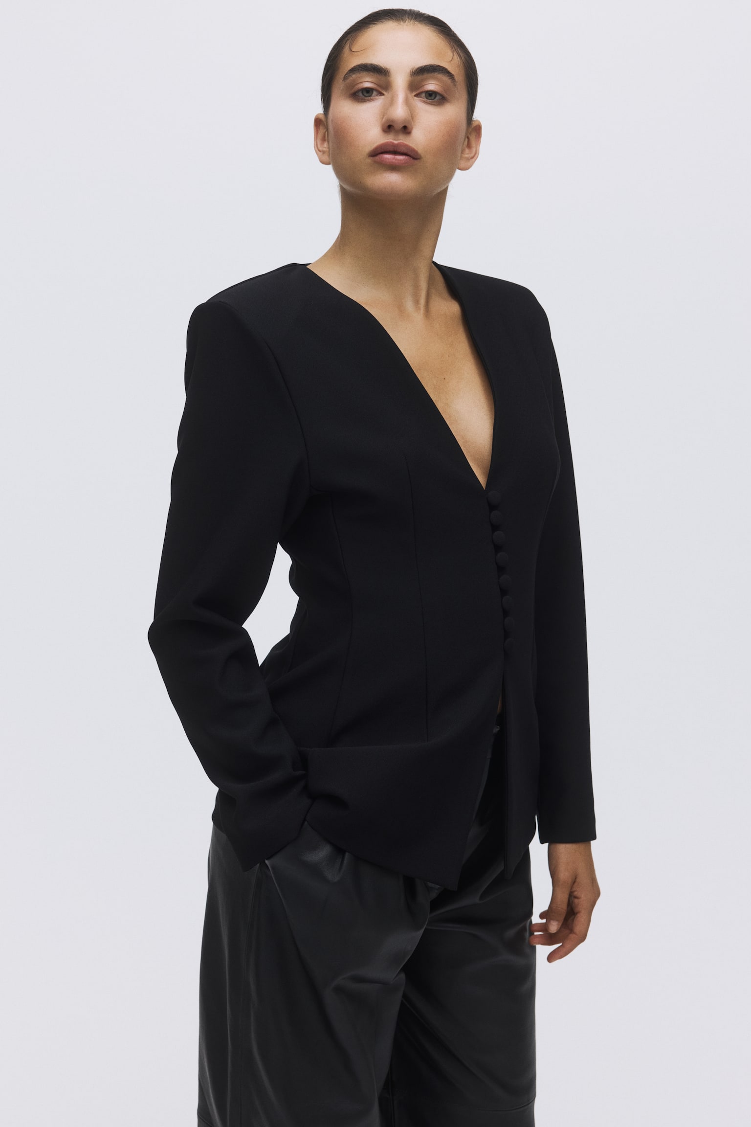 Collarless hourglass blazer - Black - 1