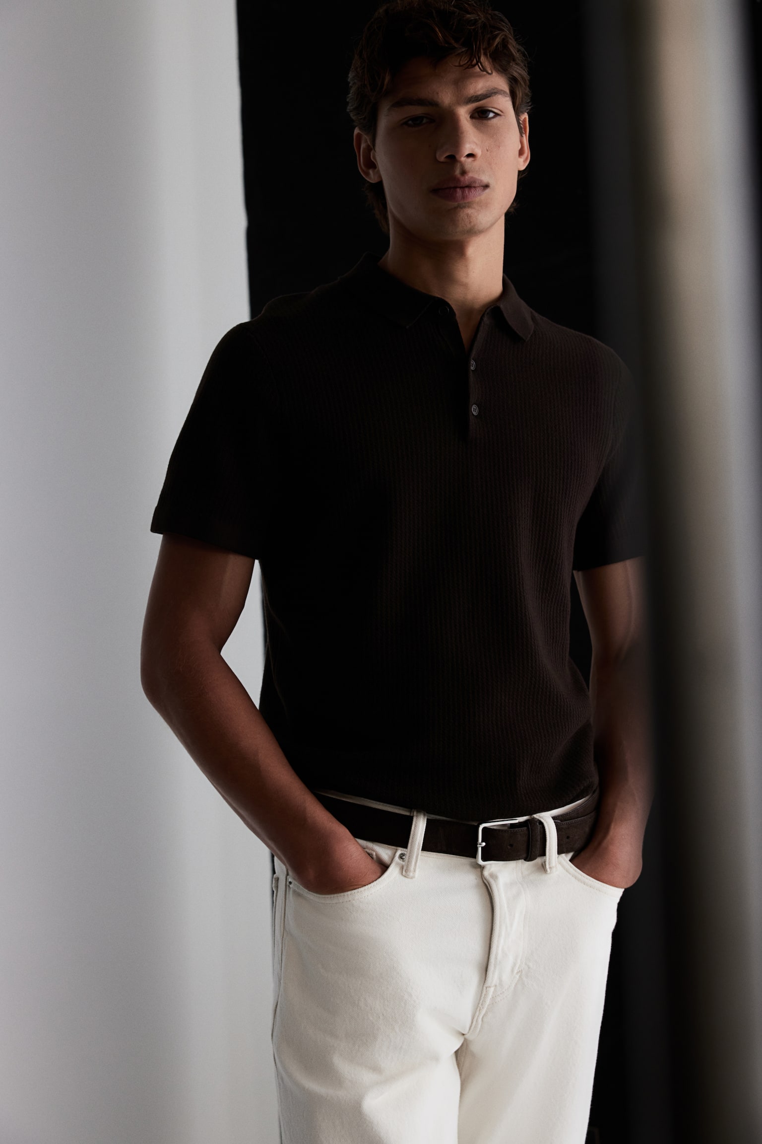 Slim Fit Textured Polo Shirt - Dark brown/Navy blue/Cream - 7