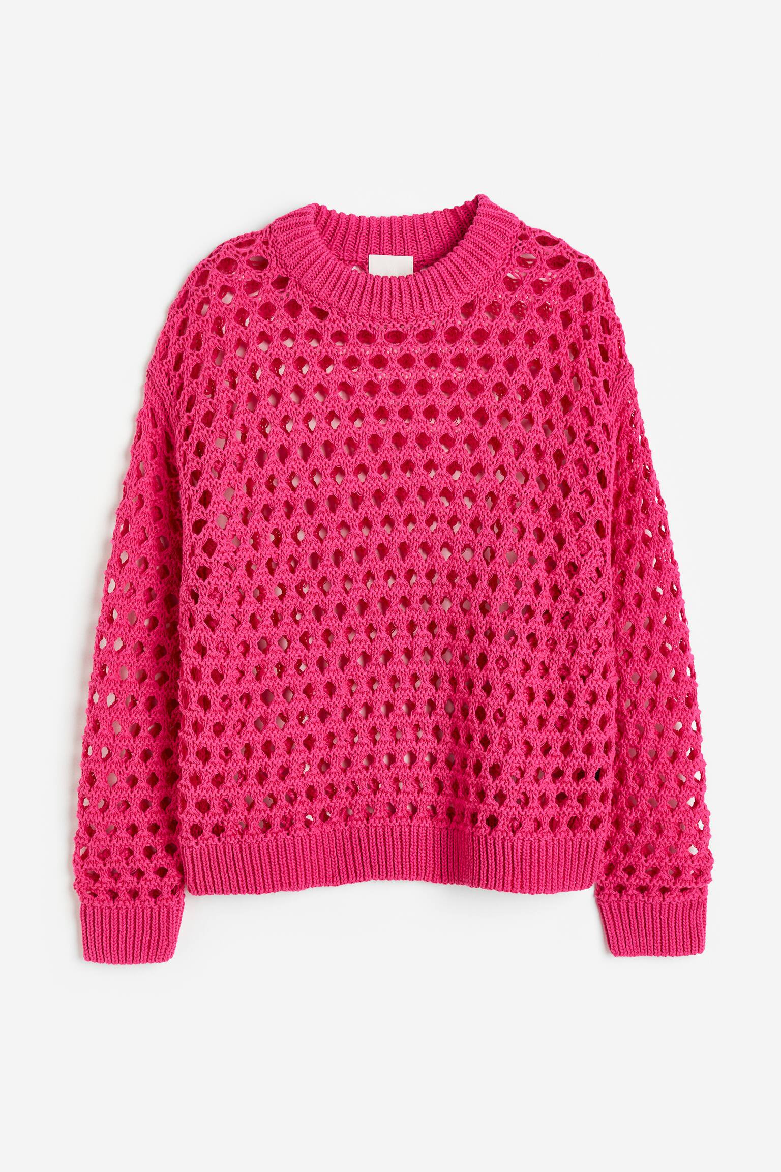 Oversized Pointelle Knit Sweater - Cerise/Cream - 1