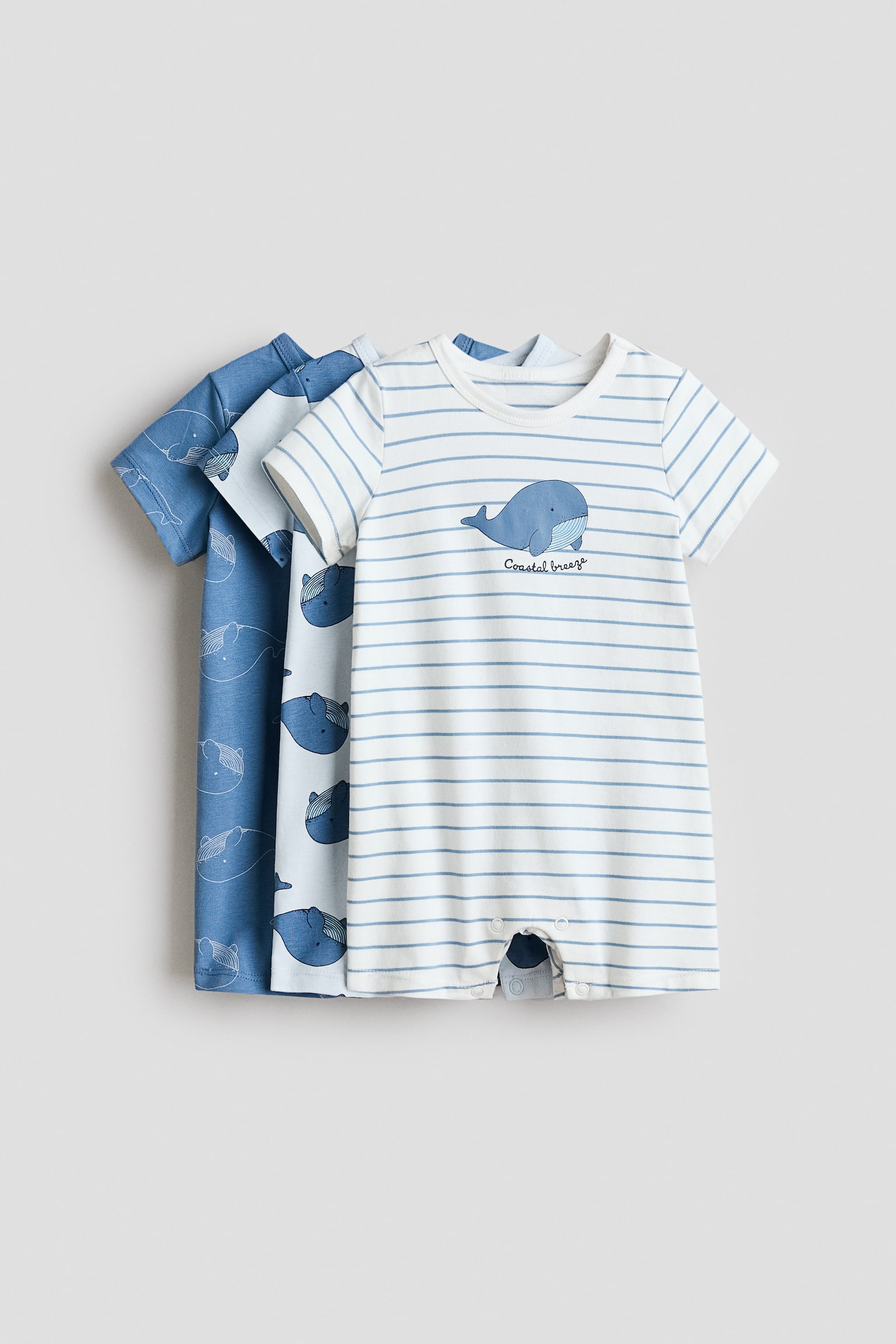 3-pack short sleepsuits - Dusty blue/Whales