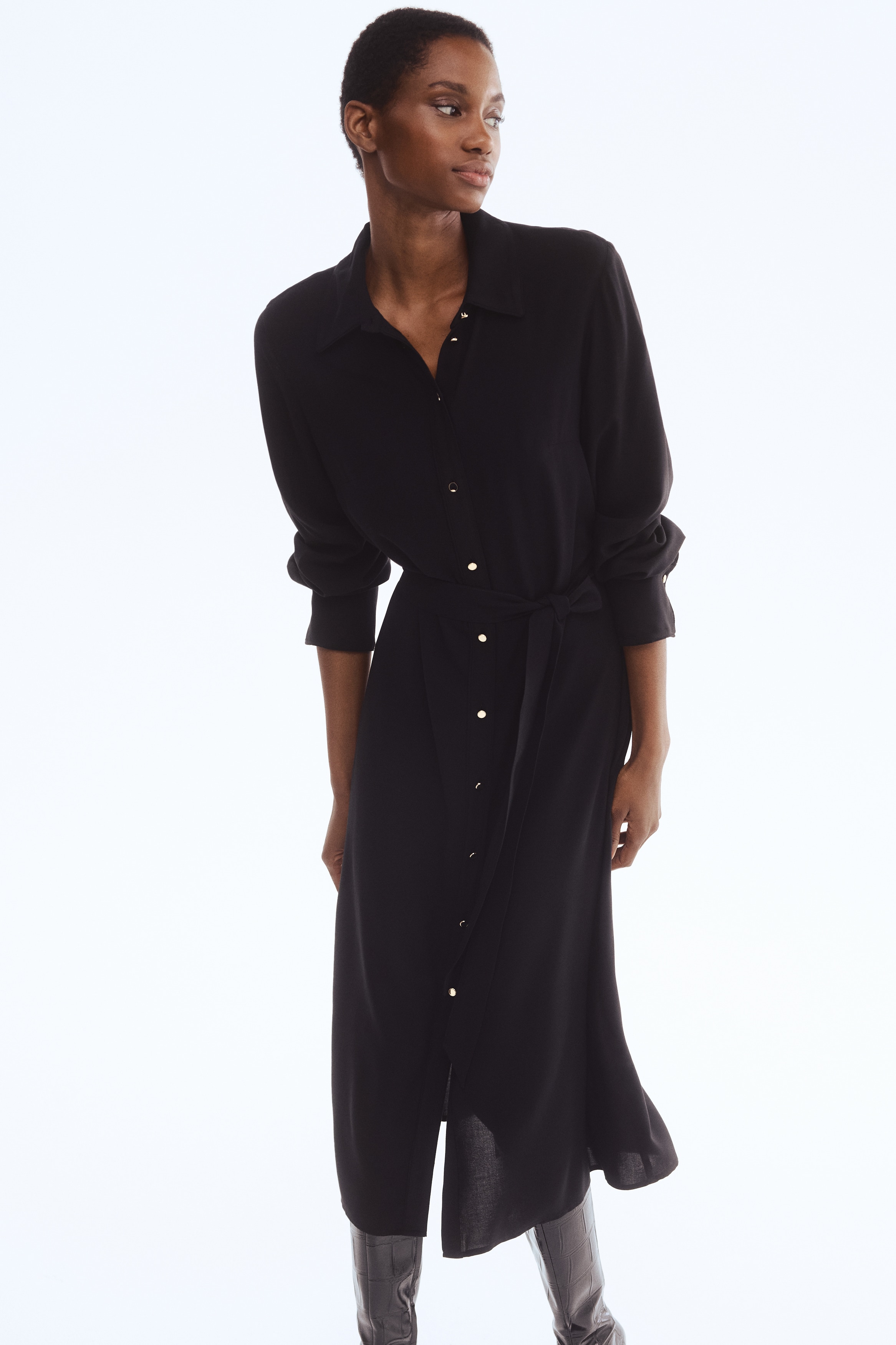 Damen - Blusenkleid mit Bindegürtel Schwarz - Size: XS  - H&M