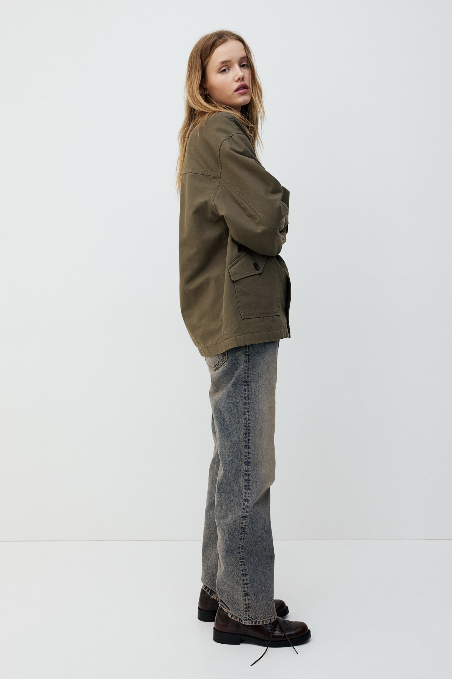 Oversized canvas jacket - Khaki green/Beige - 3