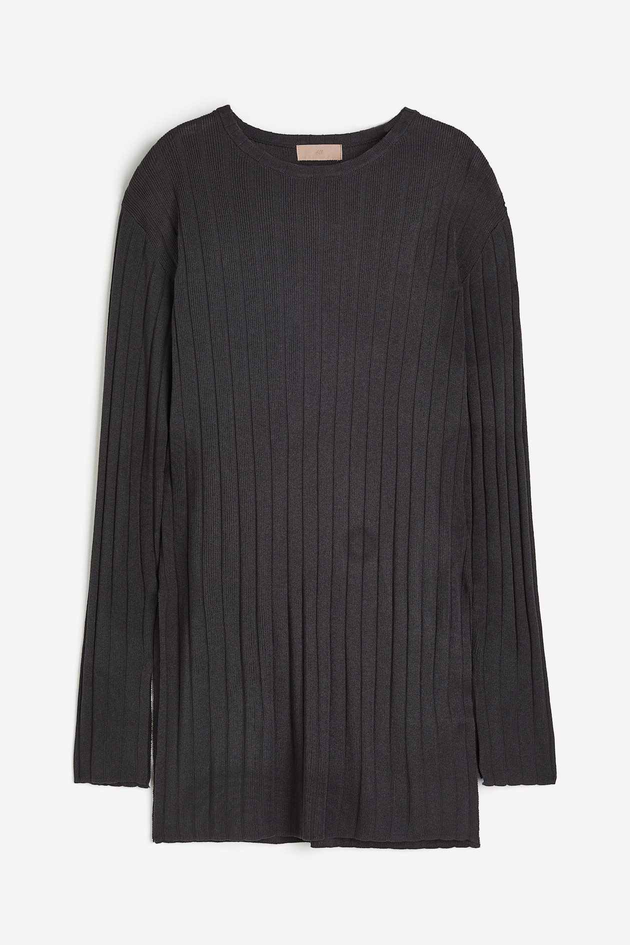 Ribbed viscose-blend top - Round neck - Long sleeve - Dark grey ...