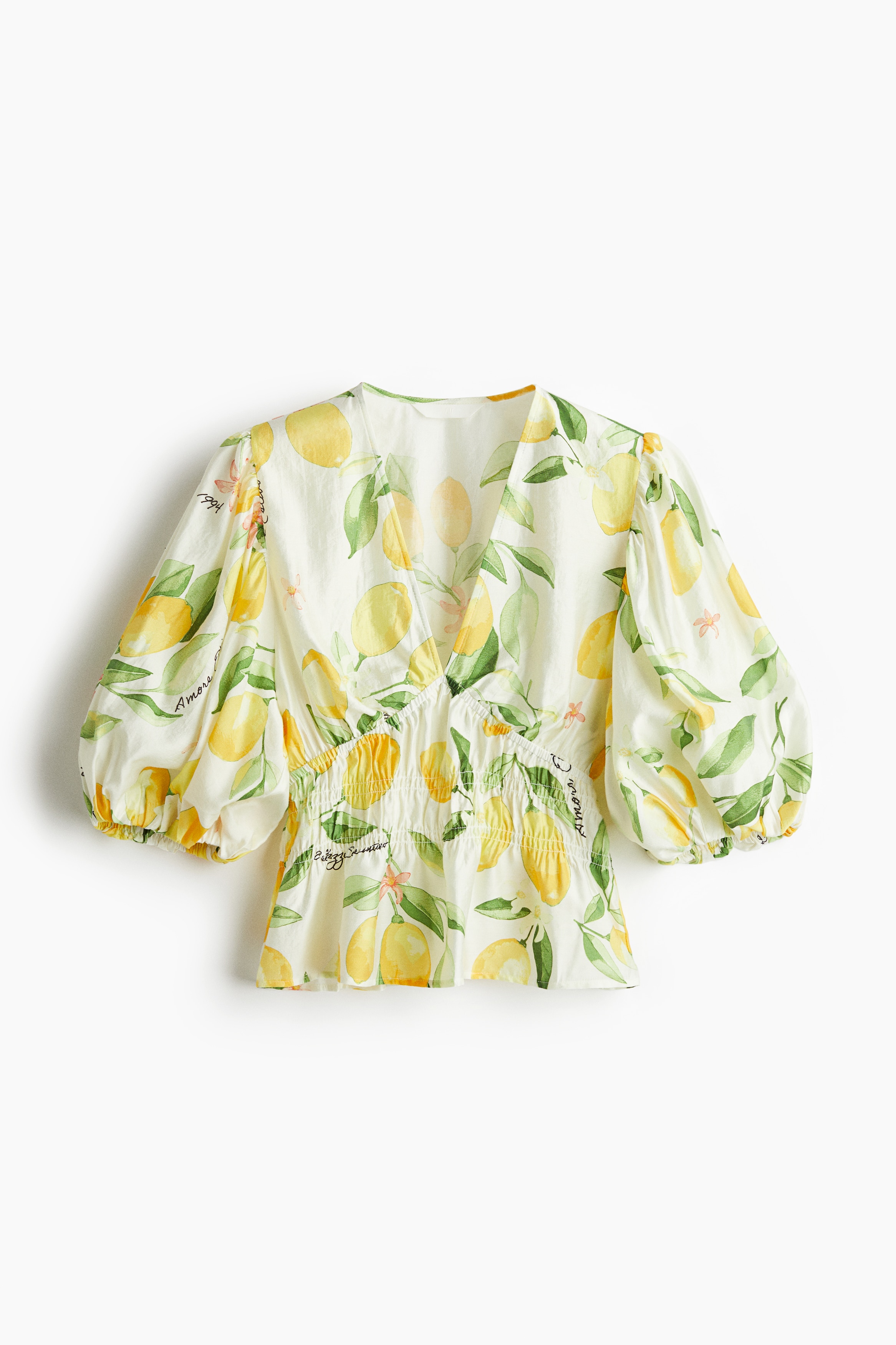 Blusa com decote em V - Branco/Limões/Branco/Floral