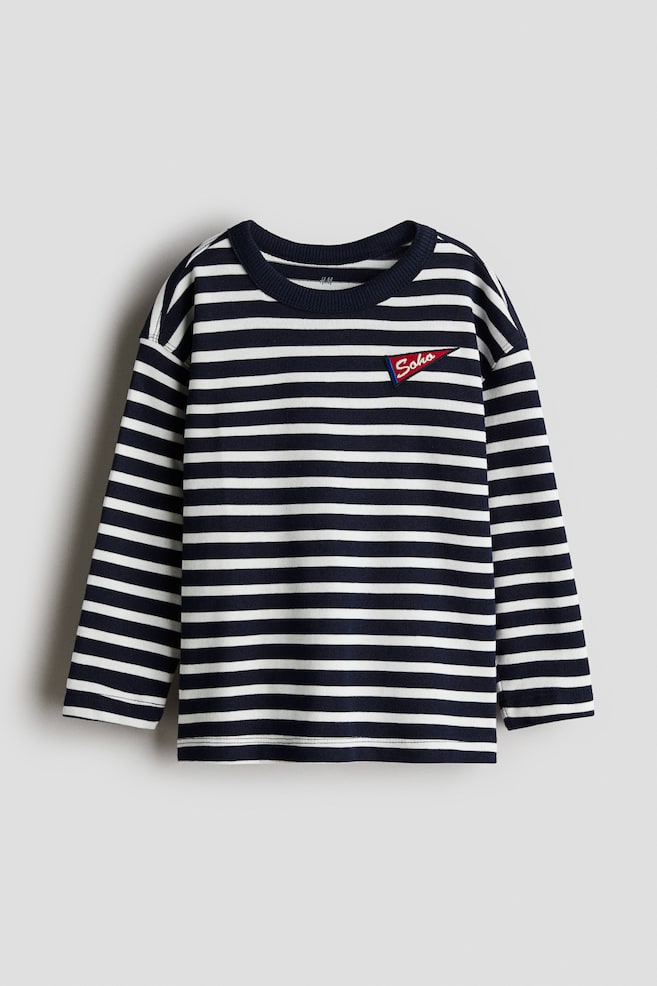 Long-Sleeved Cotton T-Shirt - Navy blue/striped/Navy blue/dinosaur - 1