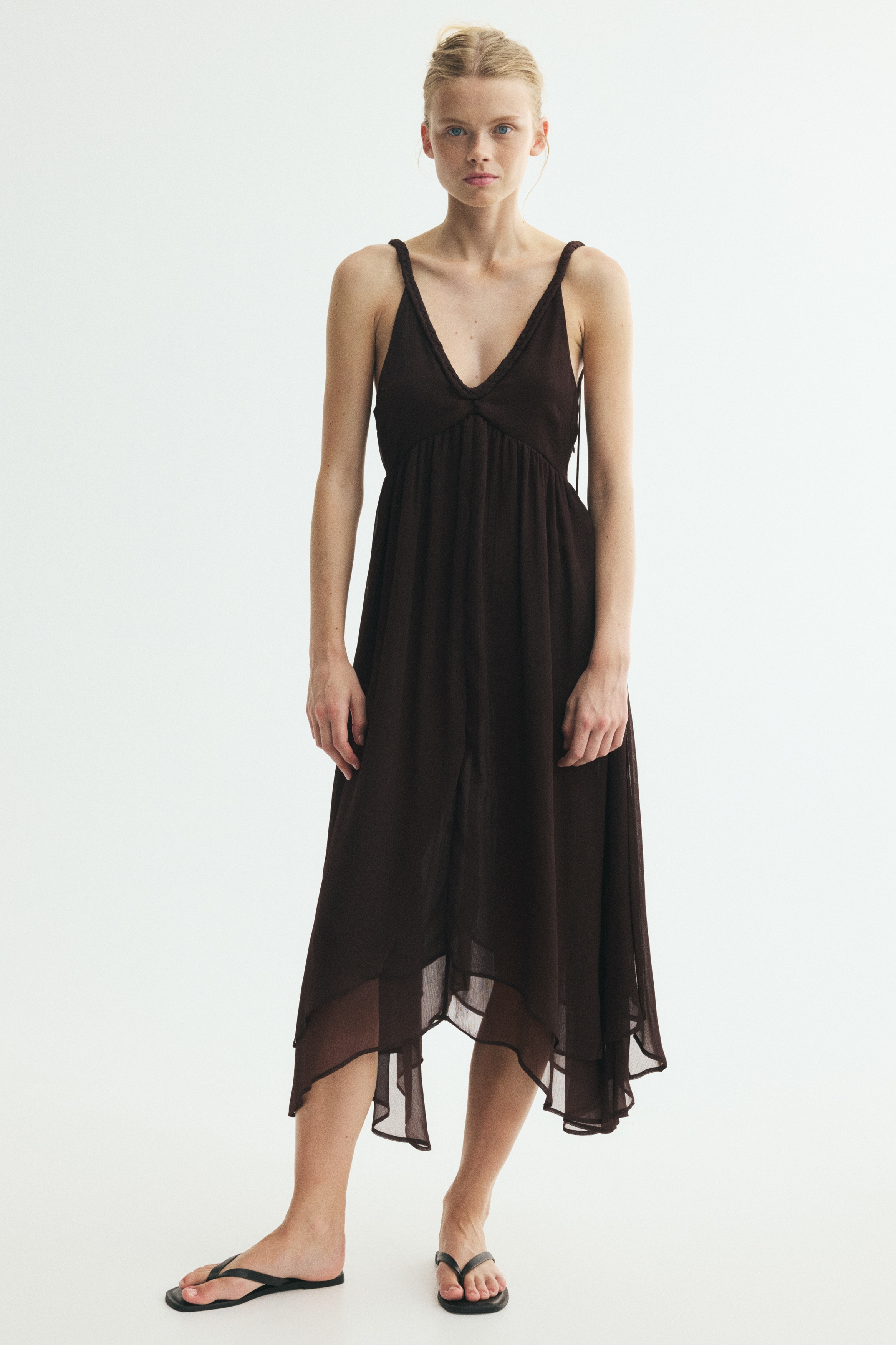 Braid-detail chiffon dress - Dark brown/Light yellow/Floral
