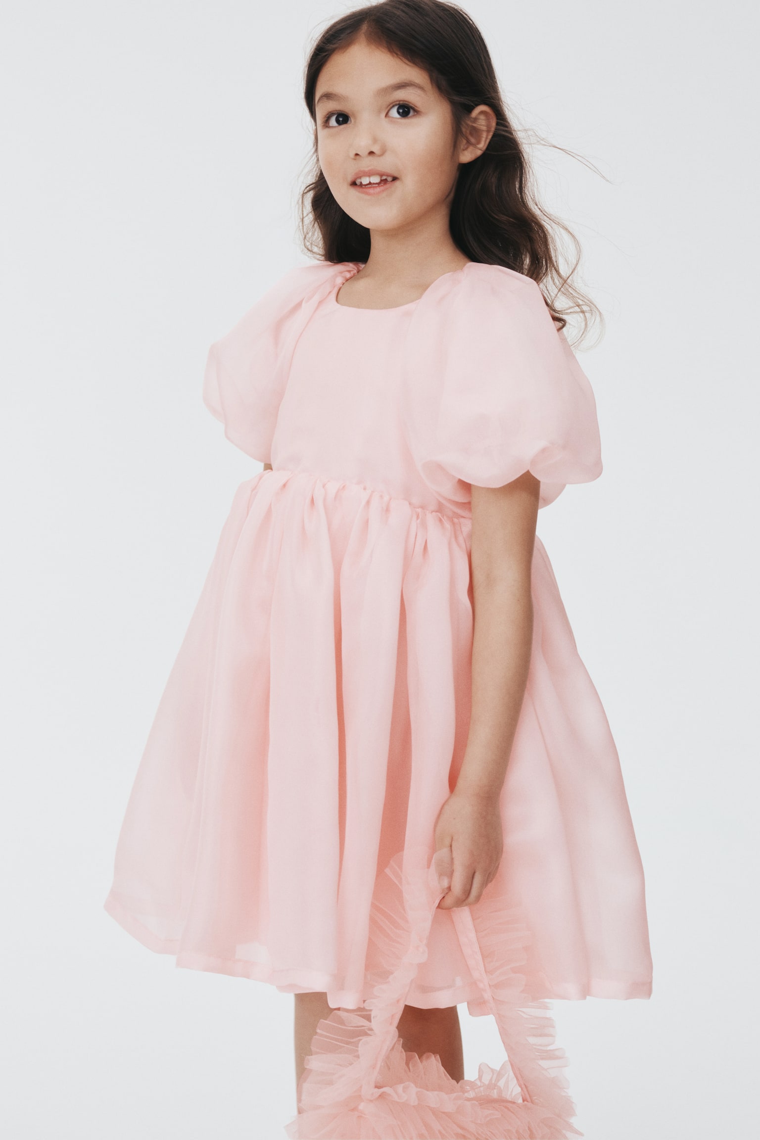 Puff-sleeved satin dress - Light pink/White - 3
