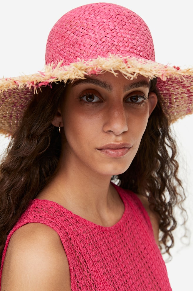 Wide brim straw hat - Bright pink/Beige - 4