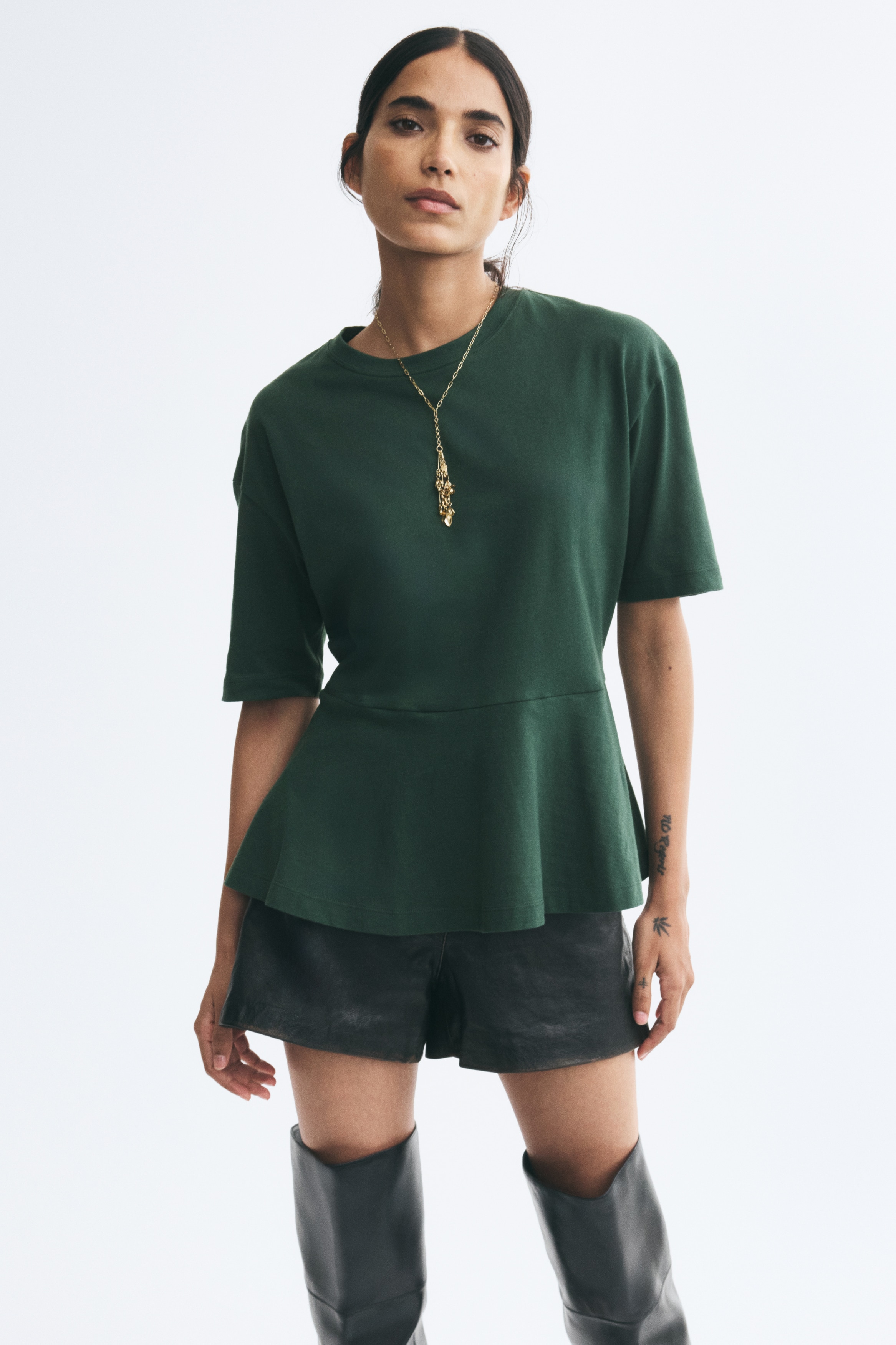 Cotton peplum top - Dark green/Light pink/Rust red/Cream/Green