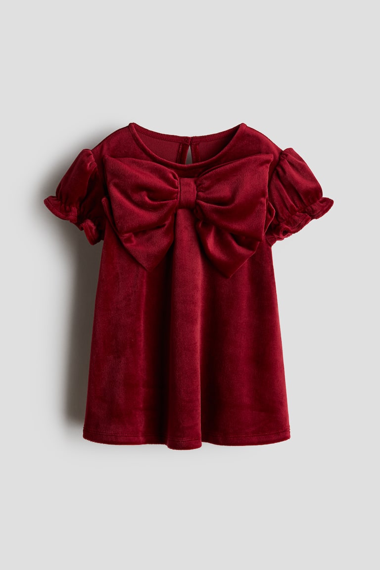 Dark red Bow-Detail Velour Dress for kids | H&M US