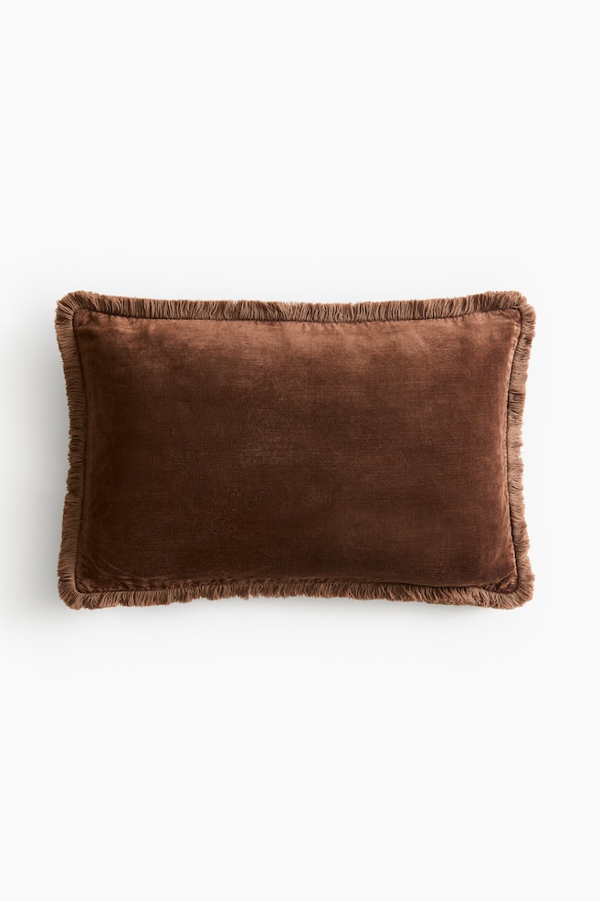 Fringed velvet cushion cover - Dark brown - 1