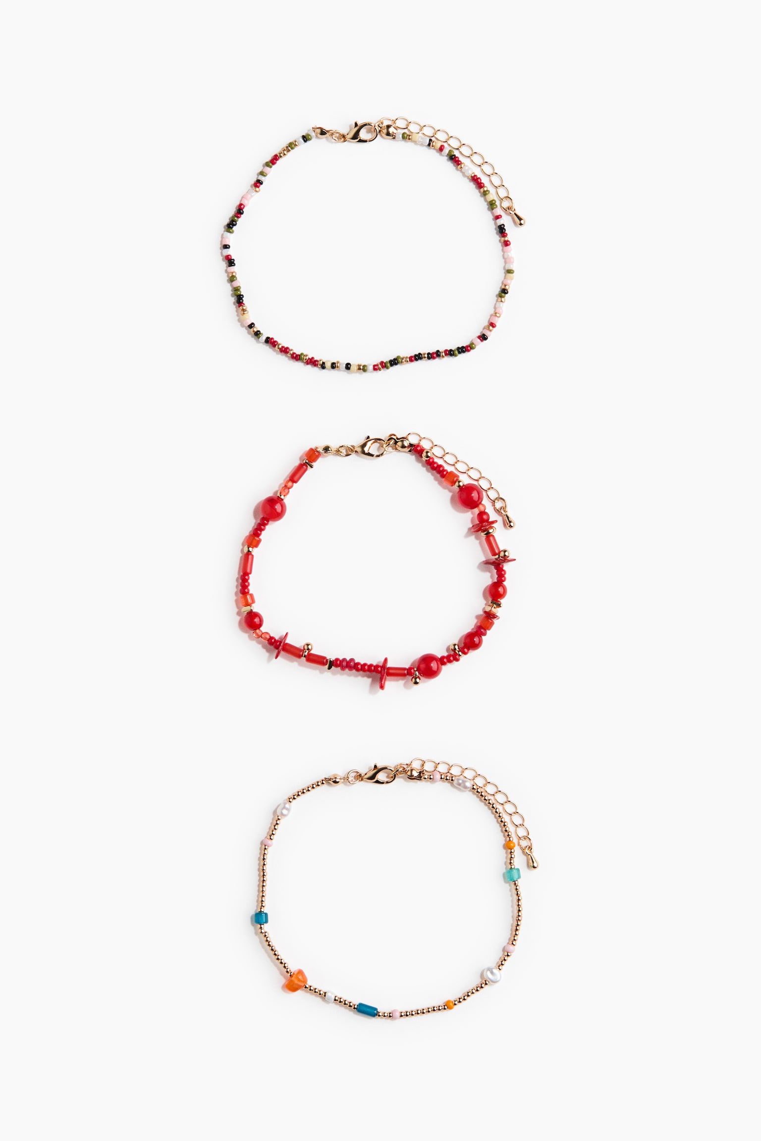 3-Pack Beaded Anklets - Red/gold-colored