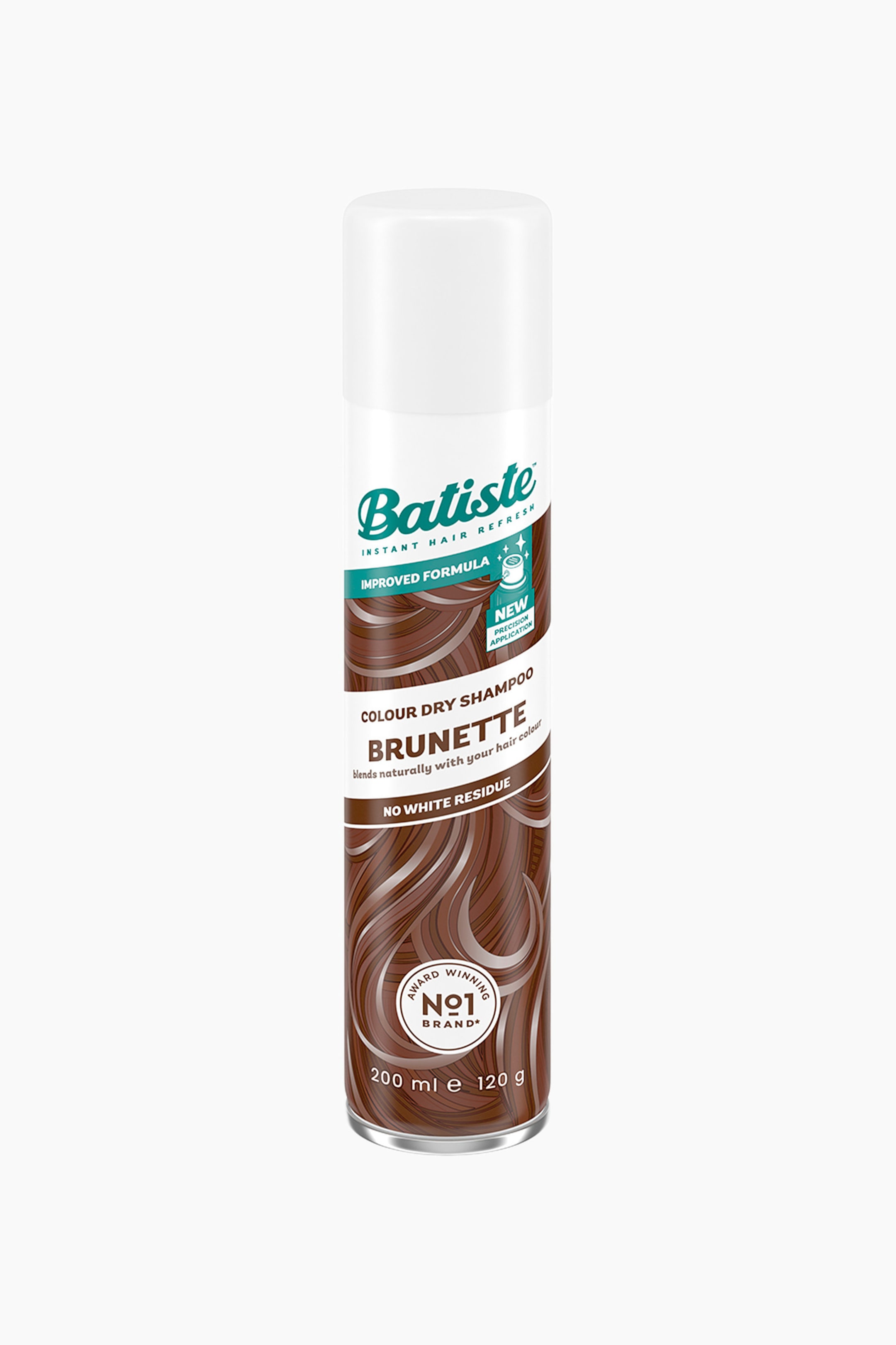 Visa större bild: En Batiste Colour Dry Shampoo Brunette-aerosolburk står upprätt och vänd framåt. Den har ett vitt lock och ett turkost band upptill, med Batiste-varumärket, "Improved Formula" och "New Precision Application". Burkens huvudsakliga yta visar en illustration av böljande brunt hår samt texten "Colour Dry Shampoo Brunette" och "No White Residue", med en "Award Winning No1 Brand"-dekal och "200 ml e 120 g" synligt vid den silverfärgade botten.