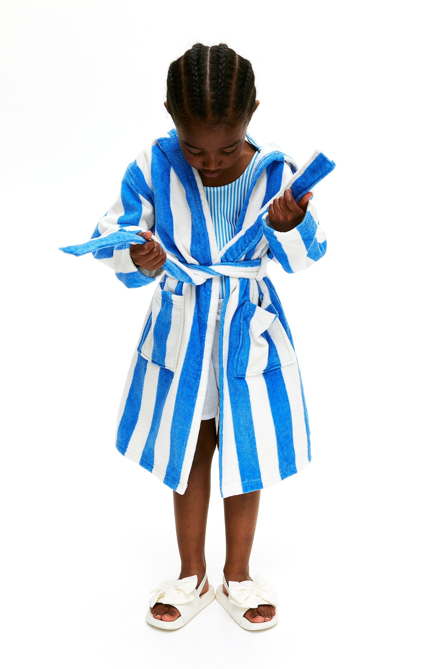 Cotton terry dressing gown - Bright blue/Striped/Light beige/Striped/Hot pink/Striped - 2