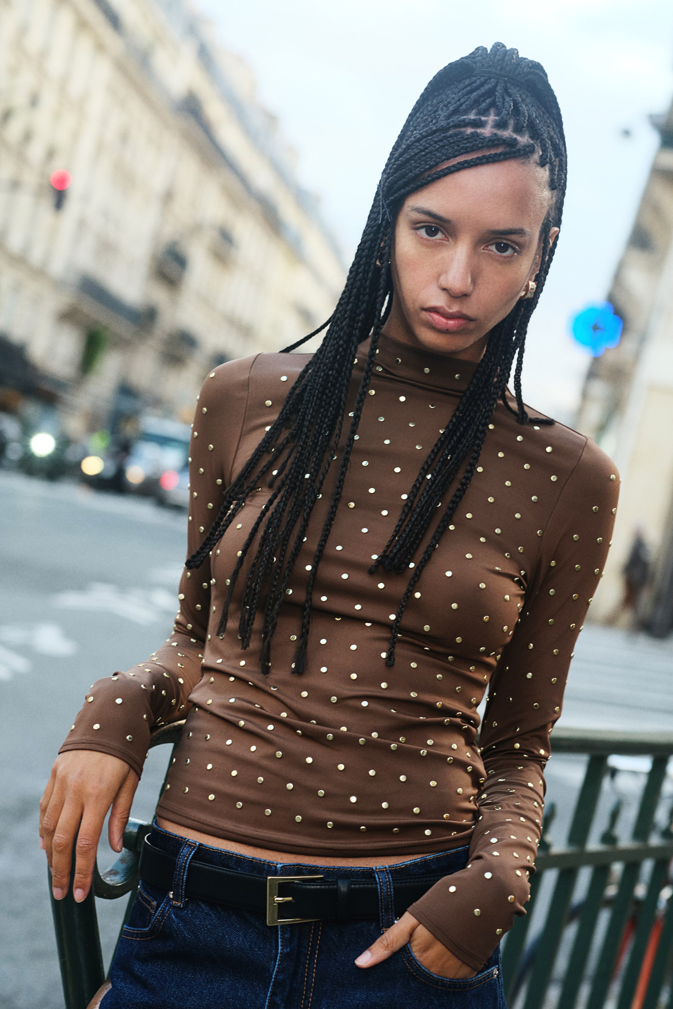 Studded Mock Turtleneck Top