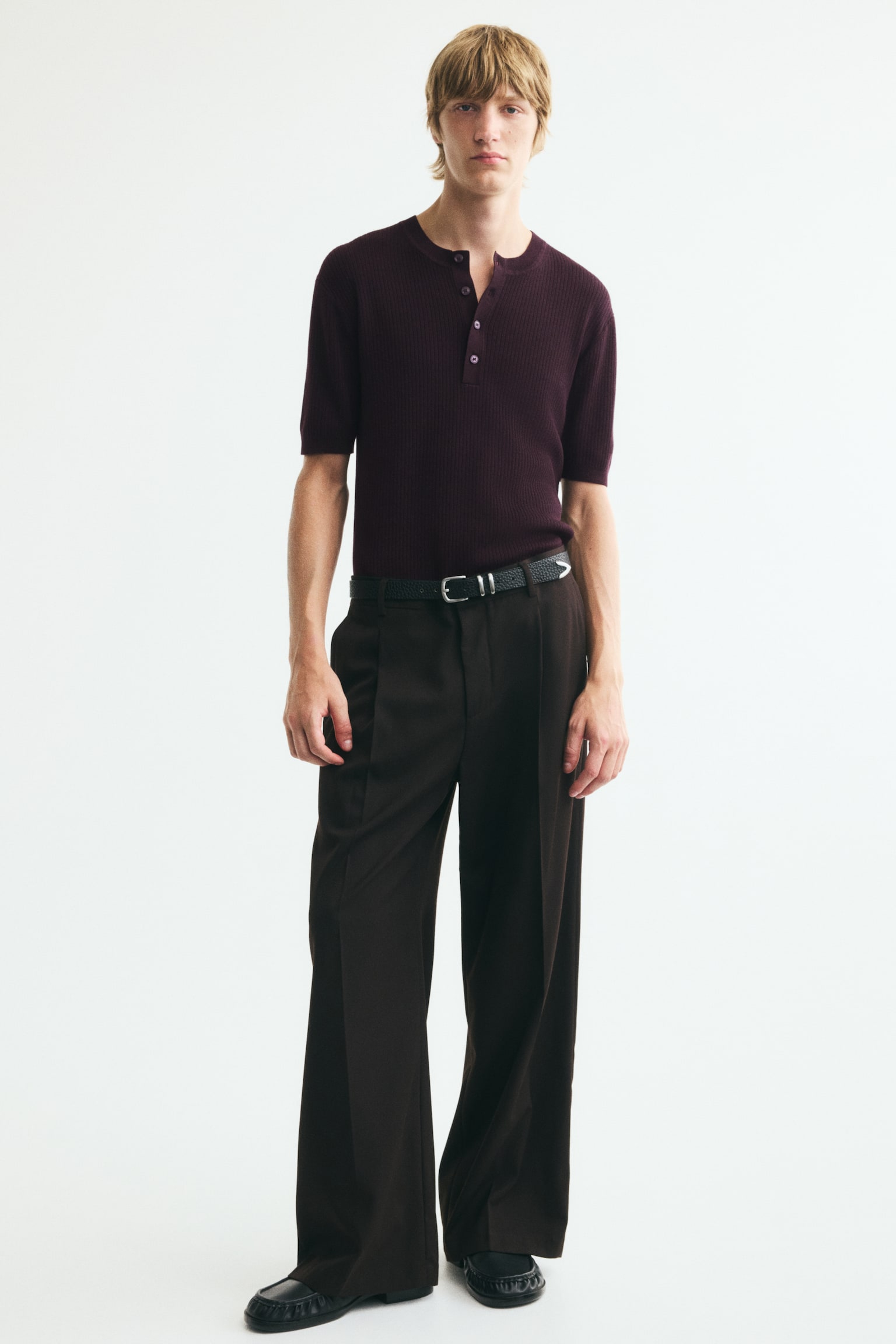 Áo Henley dệt kim mịn Slim Fit - Màu tím đậm/Màu xanh dương khói đậm/Màu xám đốm - 1