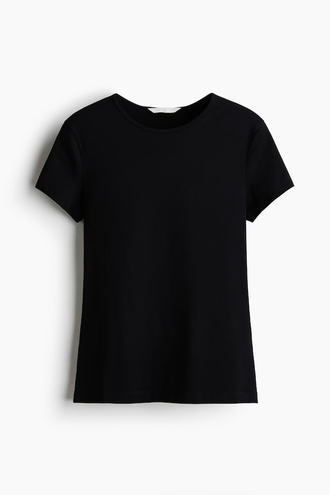 A solid black T-shirt is shown from the front, featuring a classic crew neck, short sleeves, and a straight hem. - 1