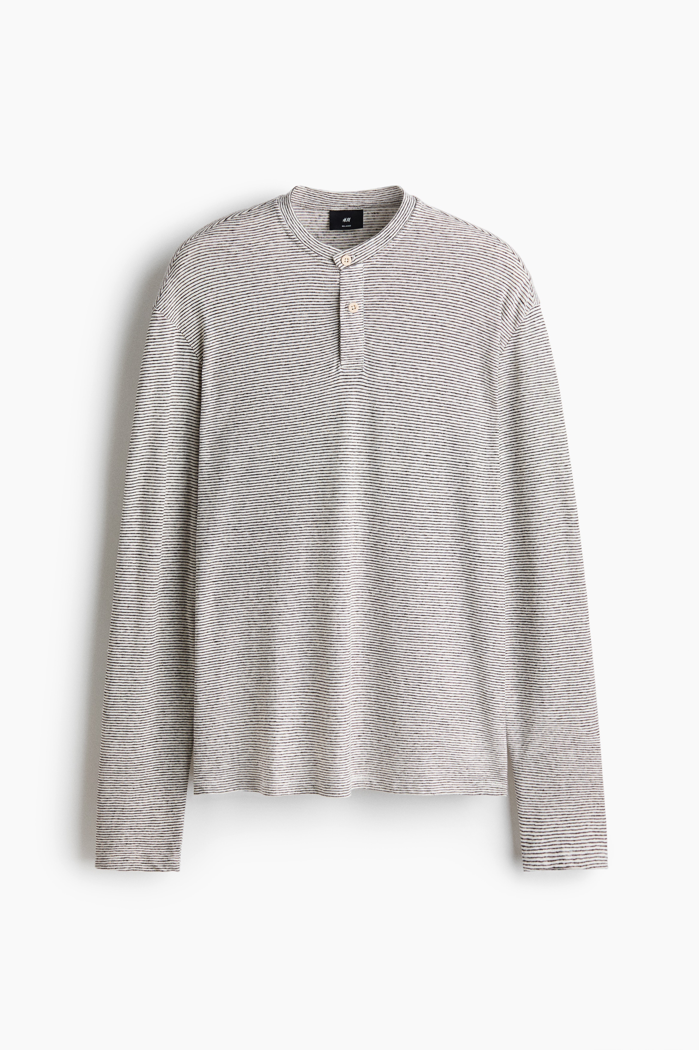 Relaxed Fit Linen-blend Henley top - Cream/Striped/Dark brown/Earl's Oyster Bar