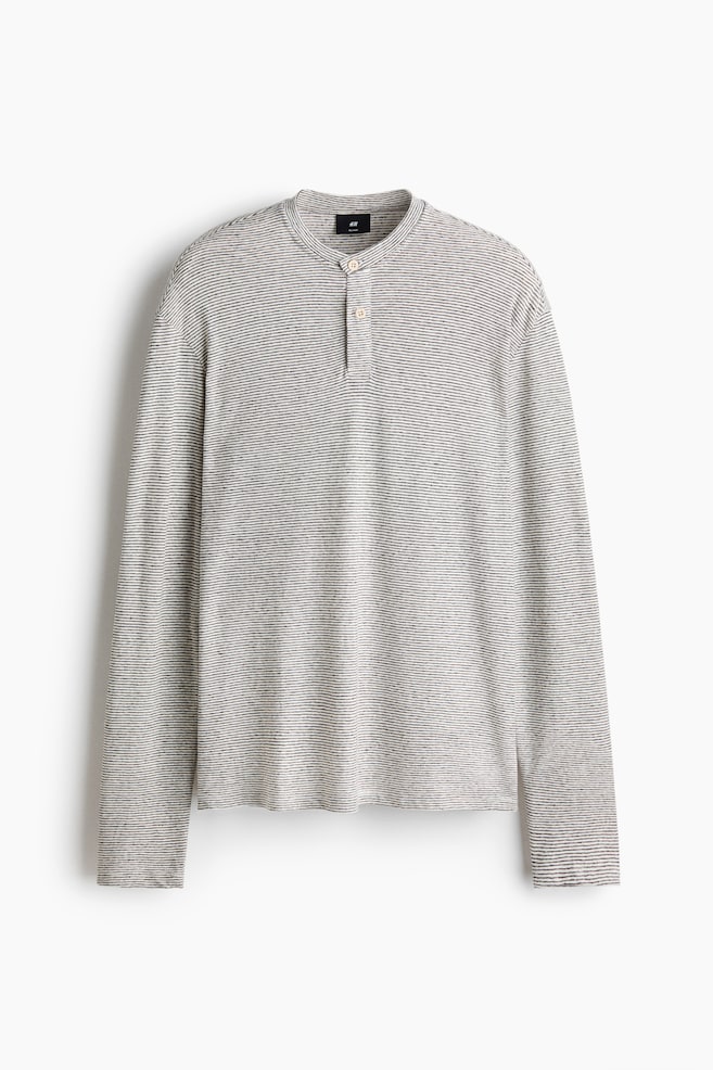 Relaxed Fit Linen-blend Henley top - Cream/Striped/Dark brown/Earl's Oyster Bar - 1
