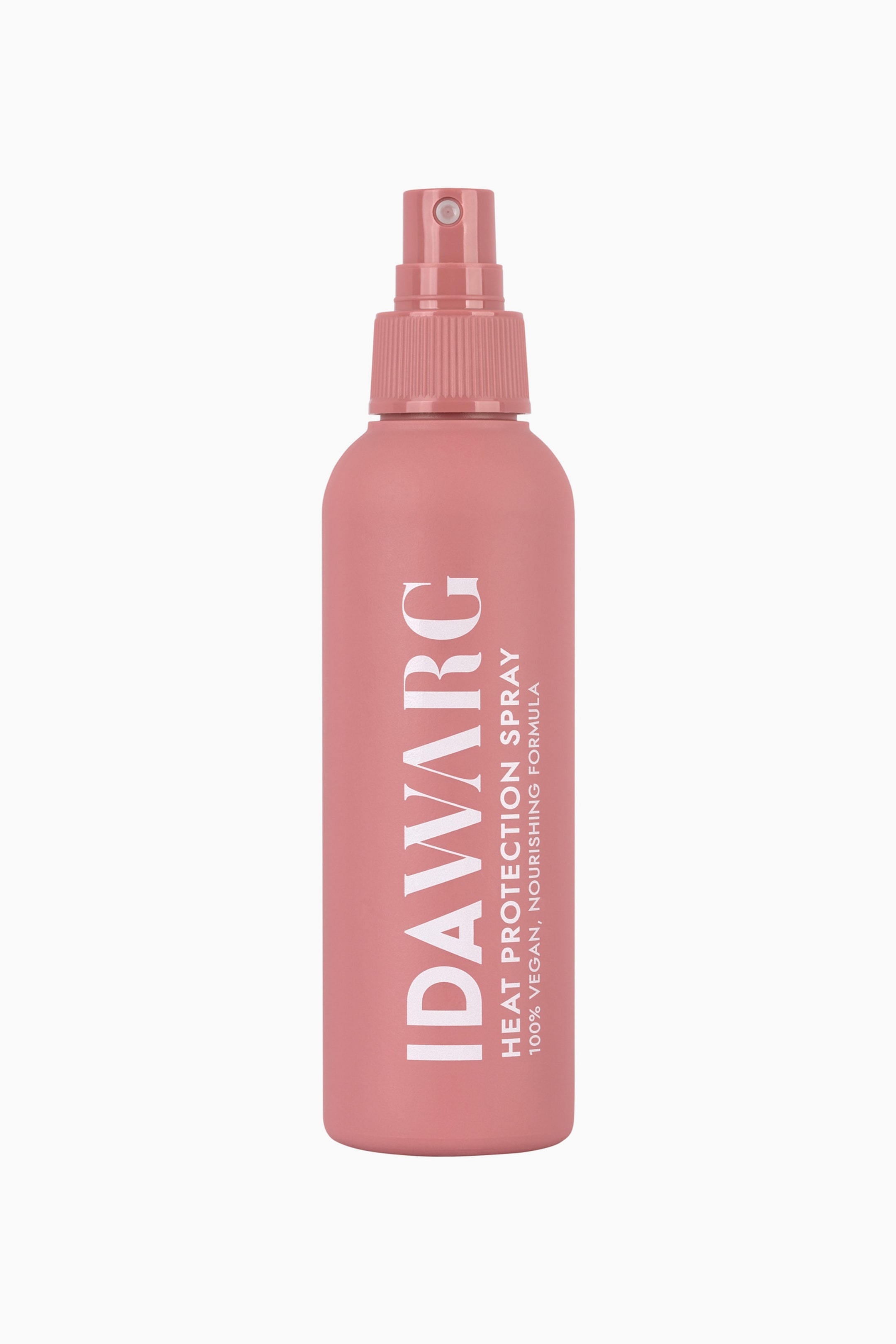 Größeres Bild ansehen: Eine matte, rosafarbene zylindrische Sprühflasche mit einem passenden Pumpenspender und einem gerippten Kragen steht aufrecht. Auf der Seite verläuft vertikal der weiße Text "IDAWARG HEAT PROTECTION SPRAY".