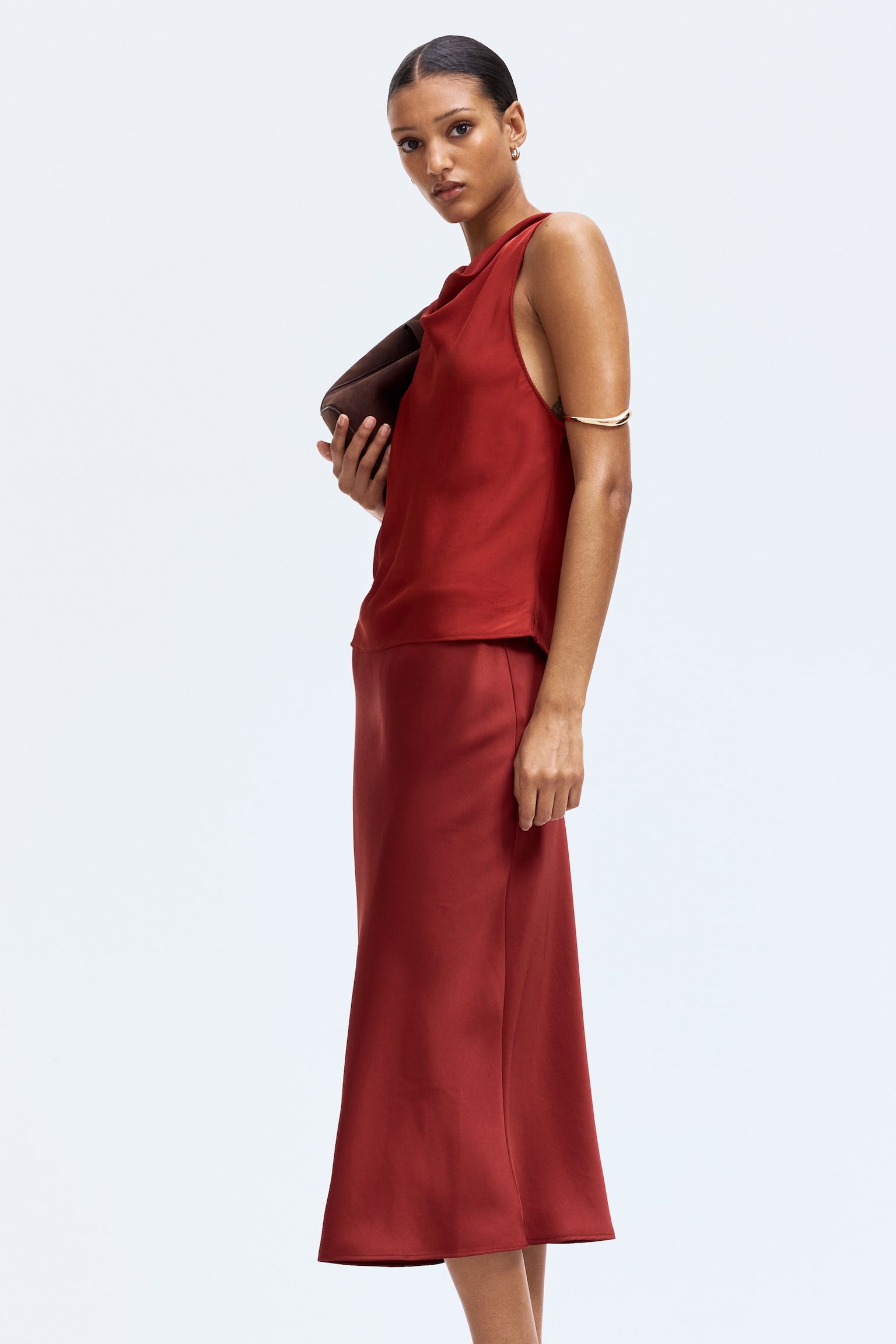 Satin midi skirt - Red/Golden brown - 3