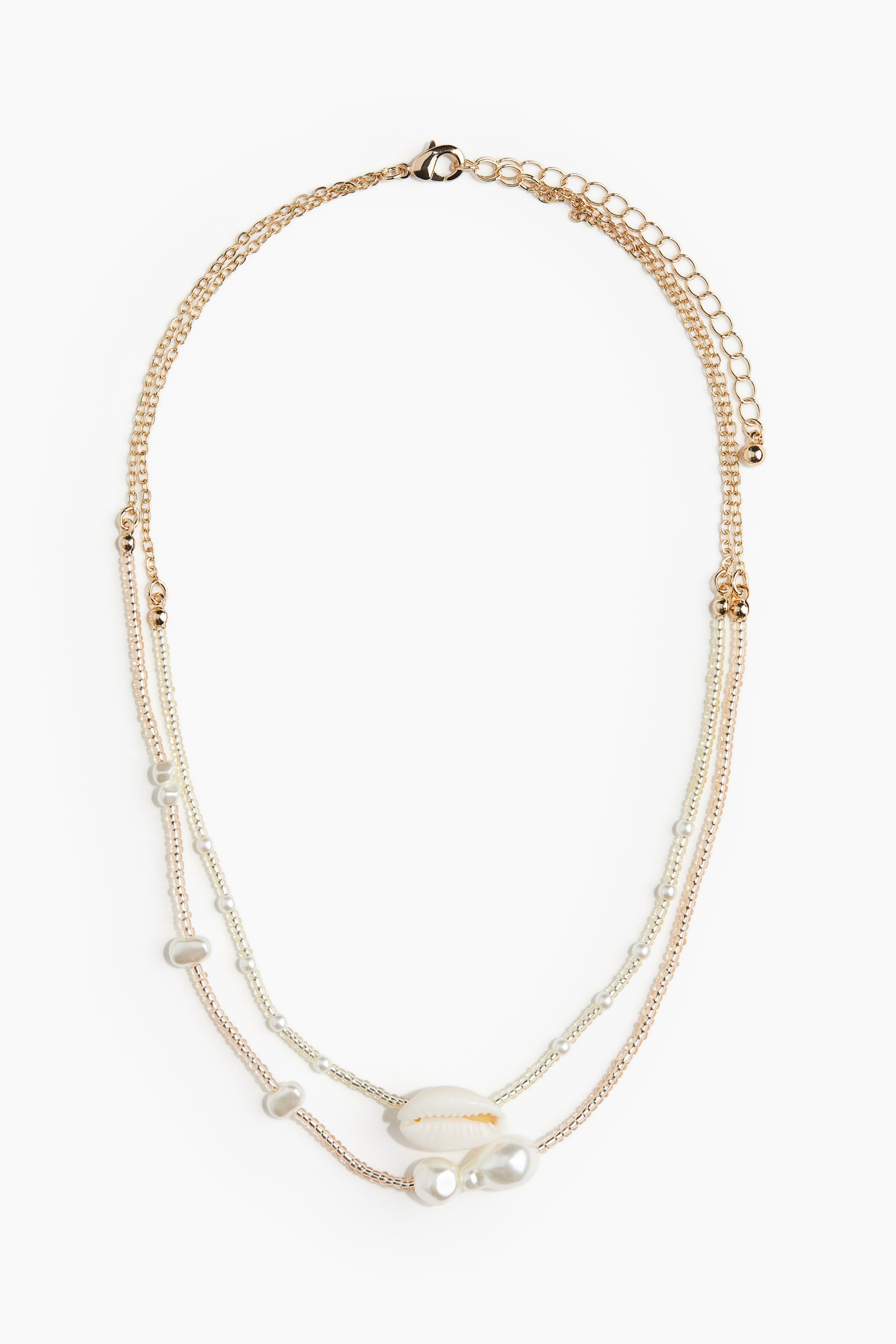 Double Strand Beaded Necklace - Gold colour/White - 1