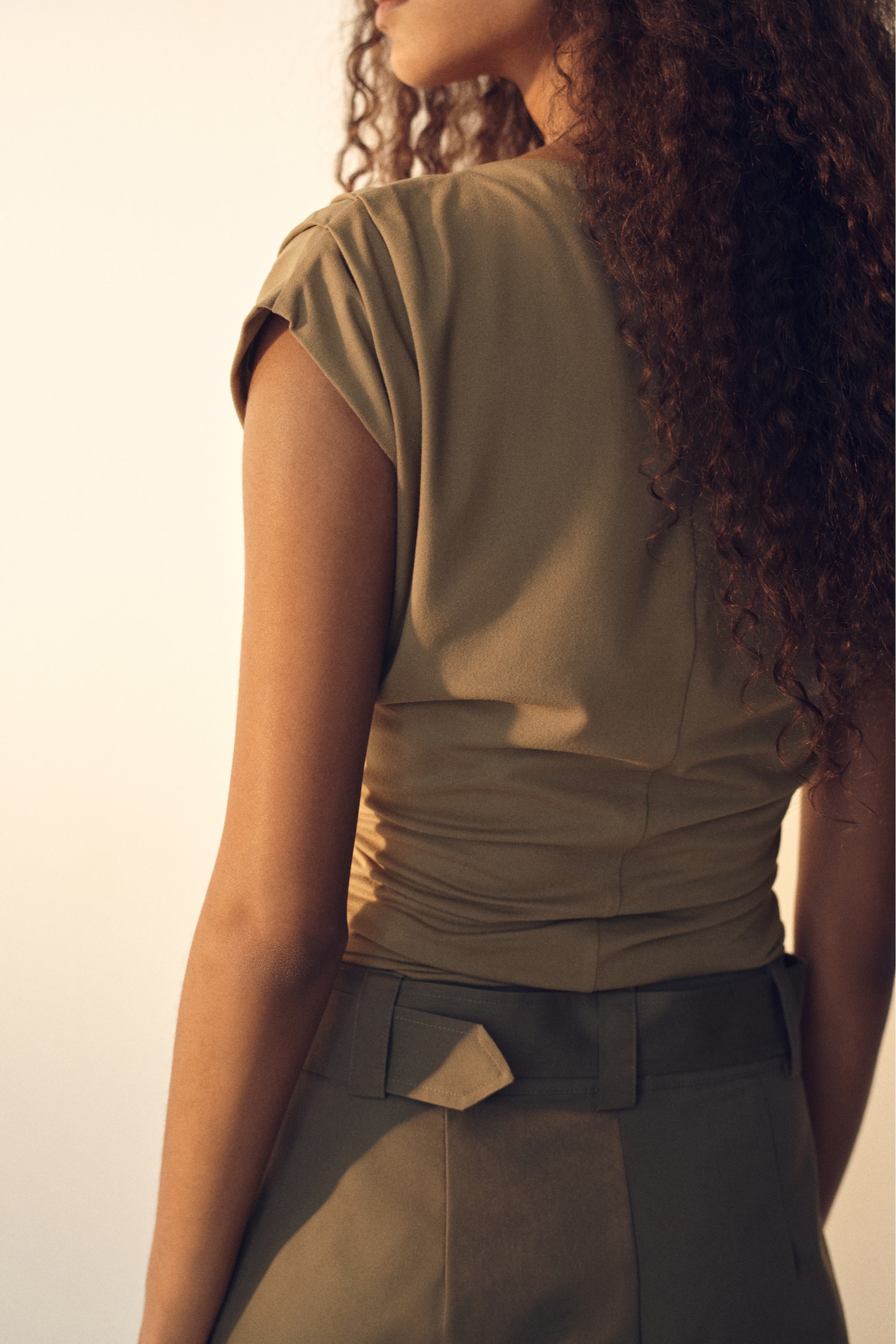 Draped boat-neck top - Beige/Dark pigeon blue/Dark brown/Cream - 3