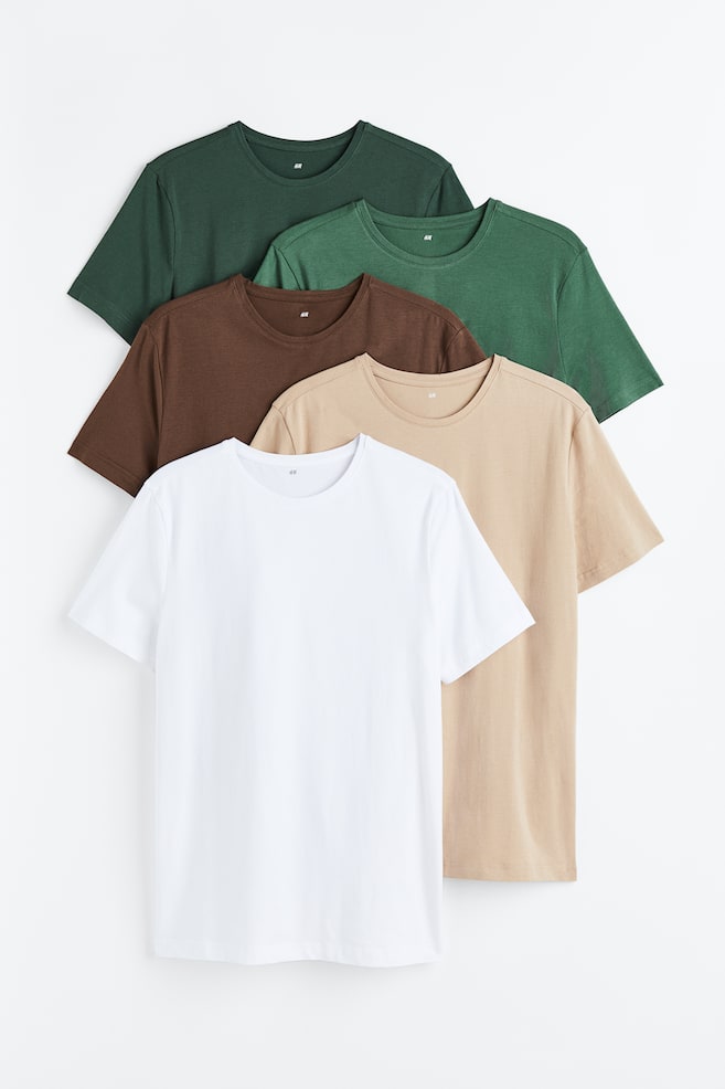 5-pack Slim Fit T-shirts - Dark green/Brown/White/White/Black/Dark green/Beige