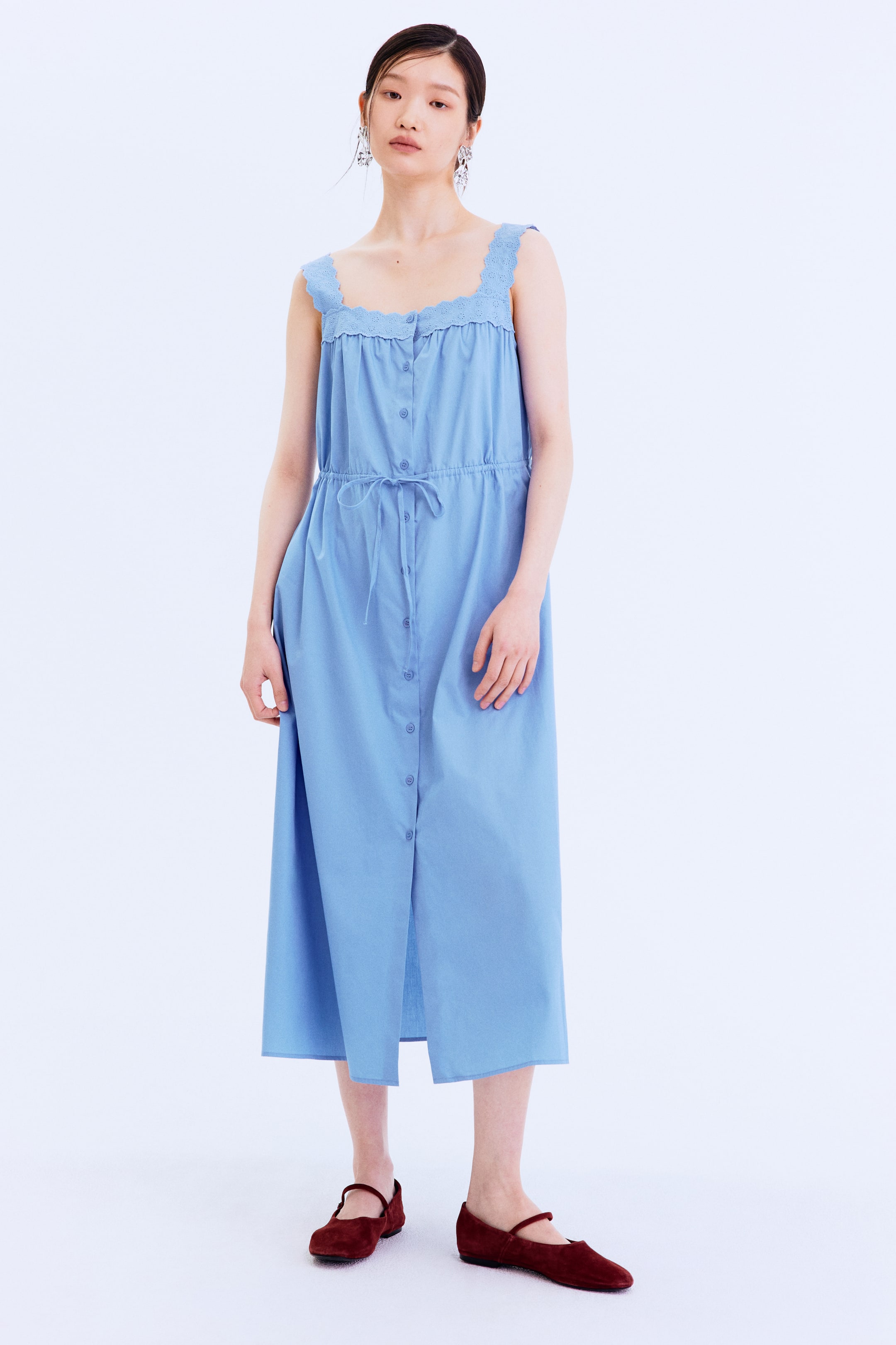 이미지 확대 보기: Drawstring-detail poplin dress - 라이트 블루 - 여성 | H&M KR 1