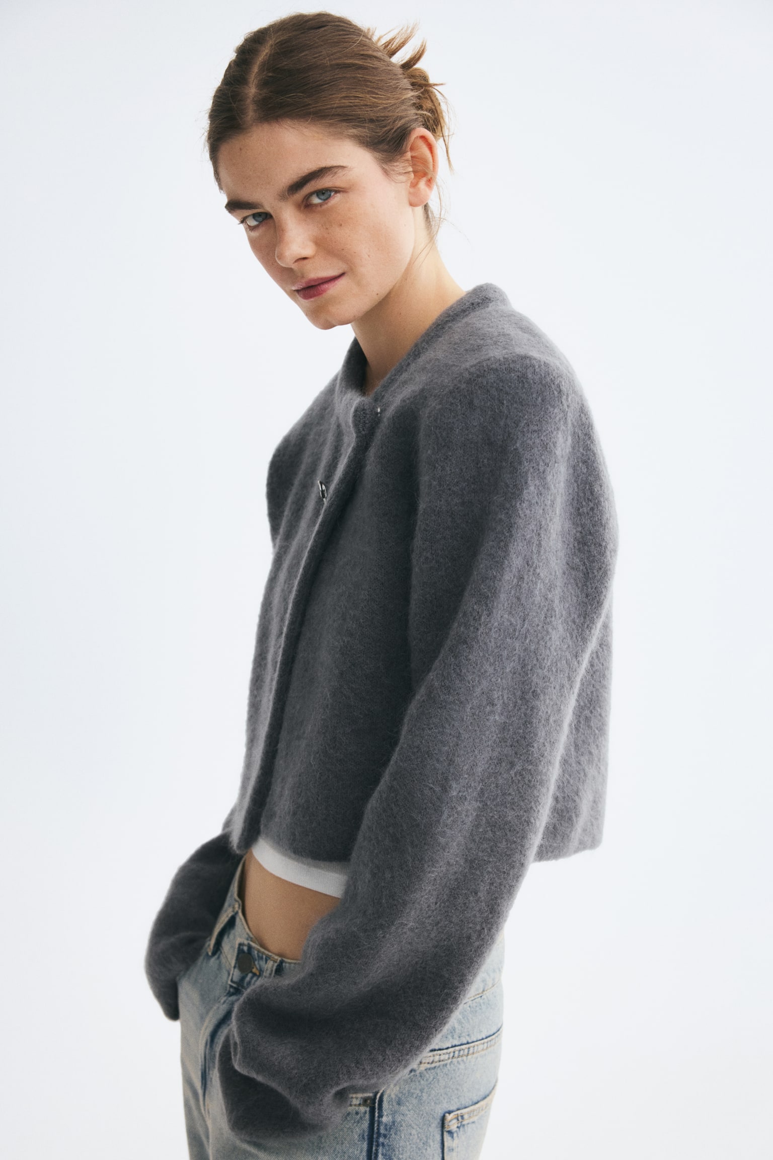 Женский кардиган H&M Cropped Mohair-Blend, цвет: Тёмный серый — фото 4